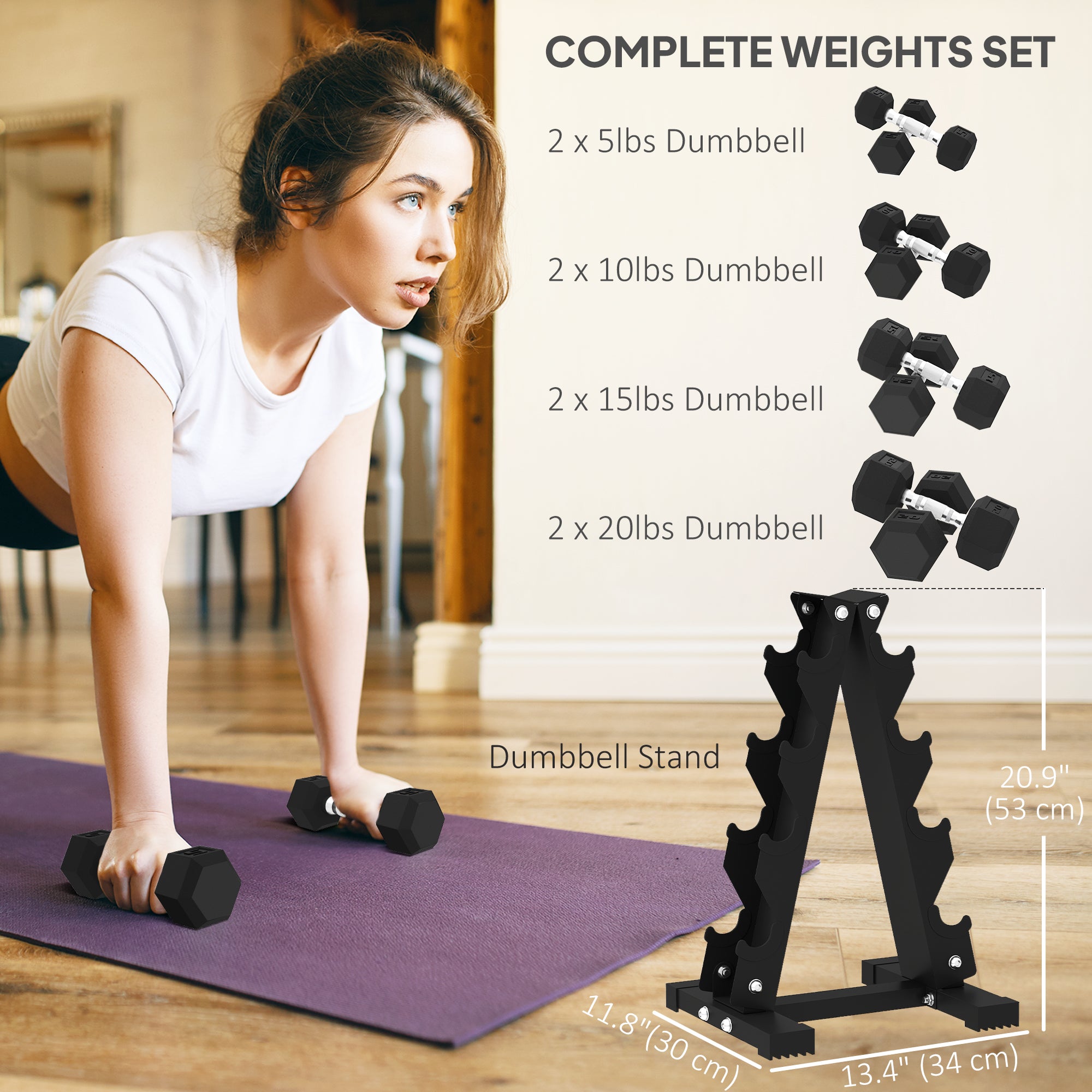 Soozier 100 lbs Hex Dumbbell Set with Rack - Black Rubber-DECOROLALA
