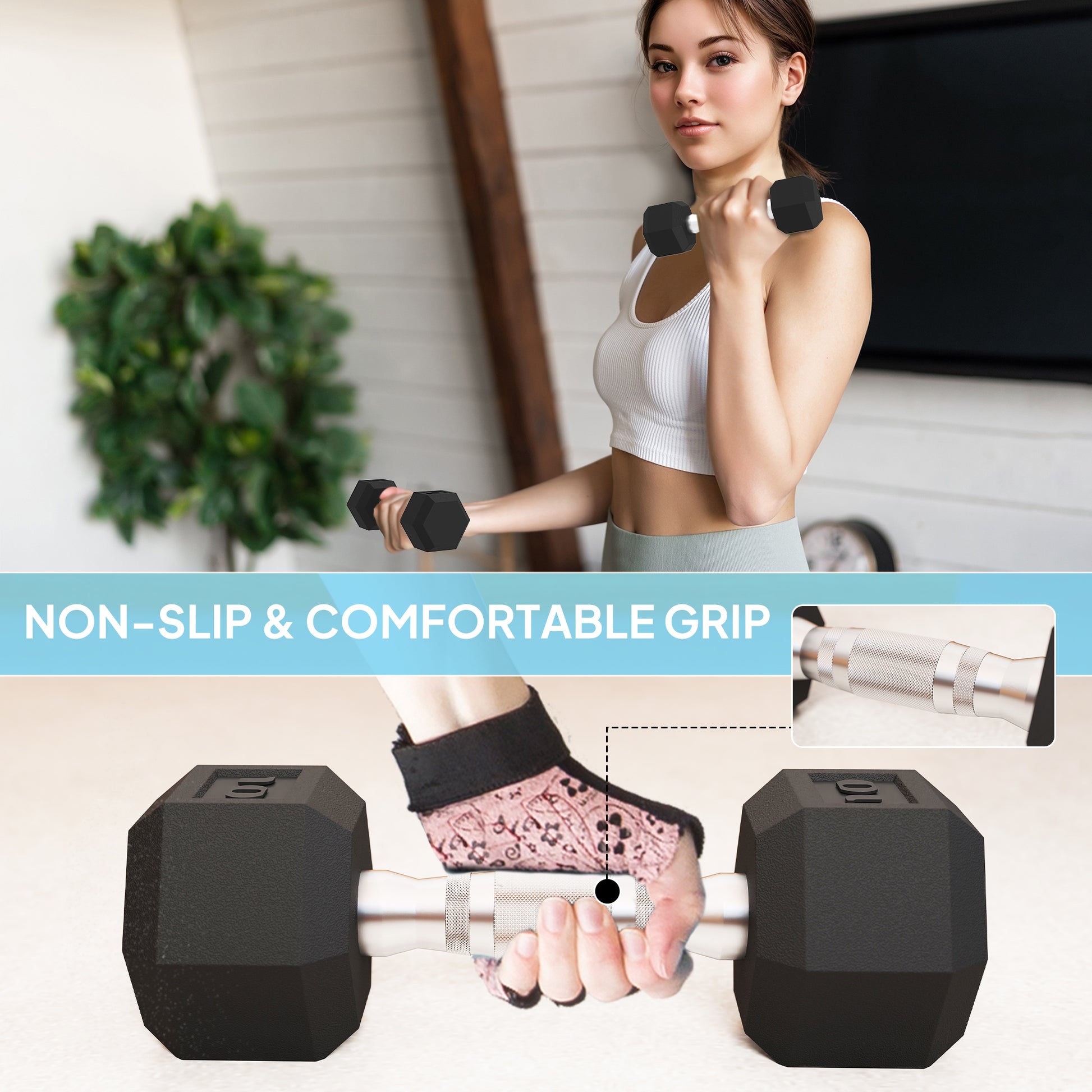 Soozier 100 lbs Hex Dumbbell Set with Rack - Black Rubber-DECOROLALA