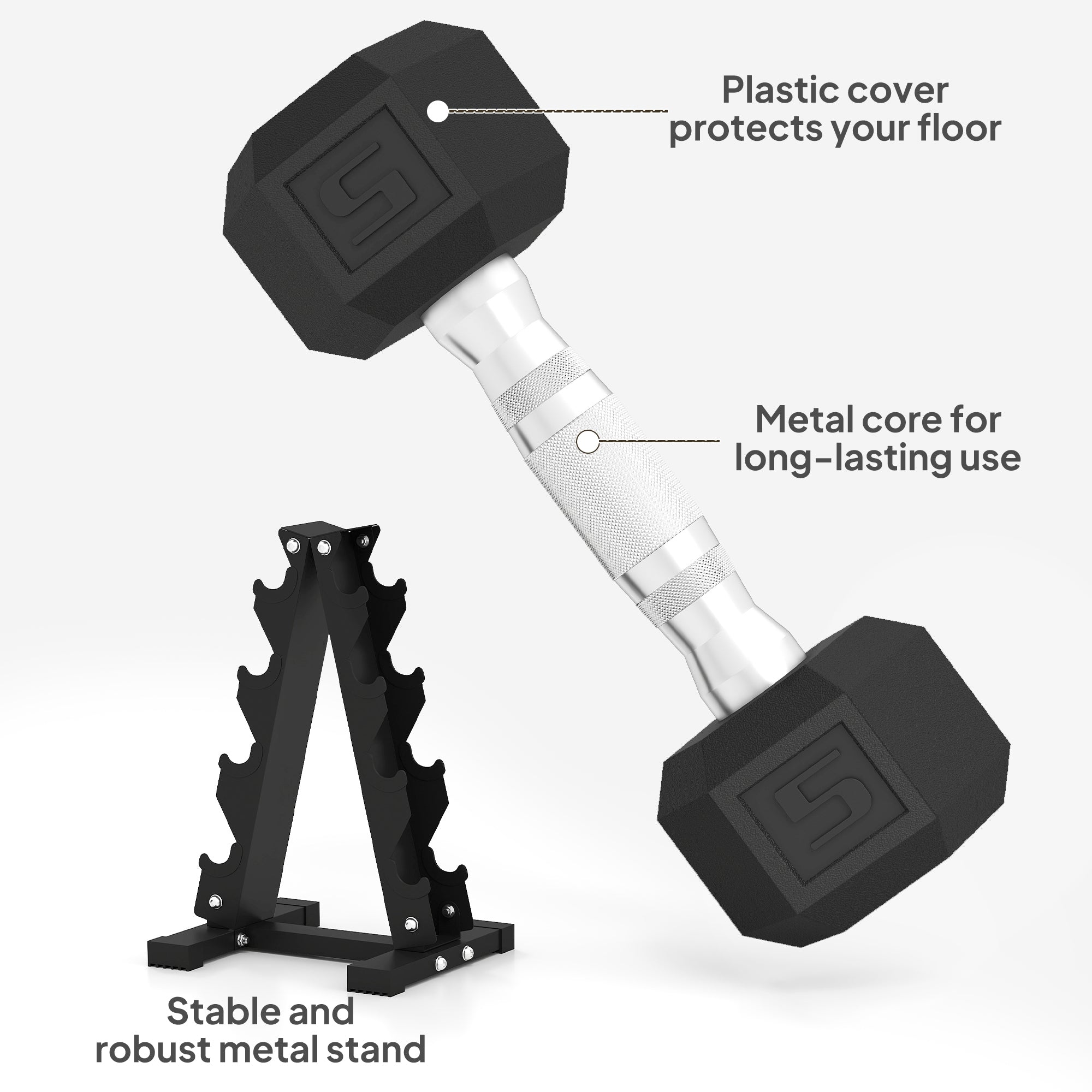 Soozier 100 lbs Hex Dumbbell Set with Rack - Black Rubber-DECOROLALA