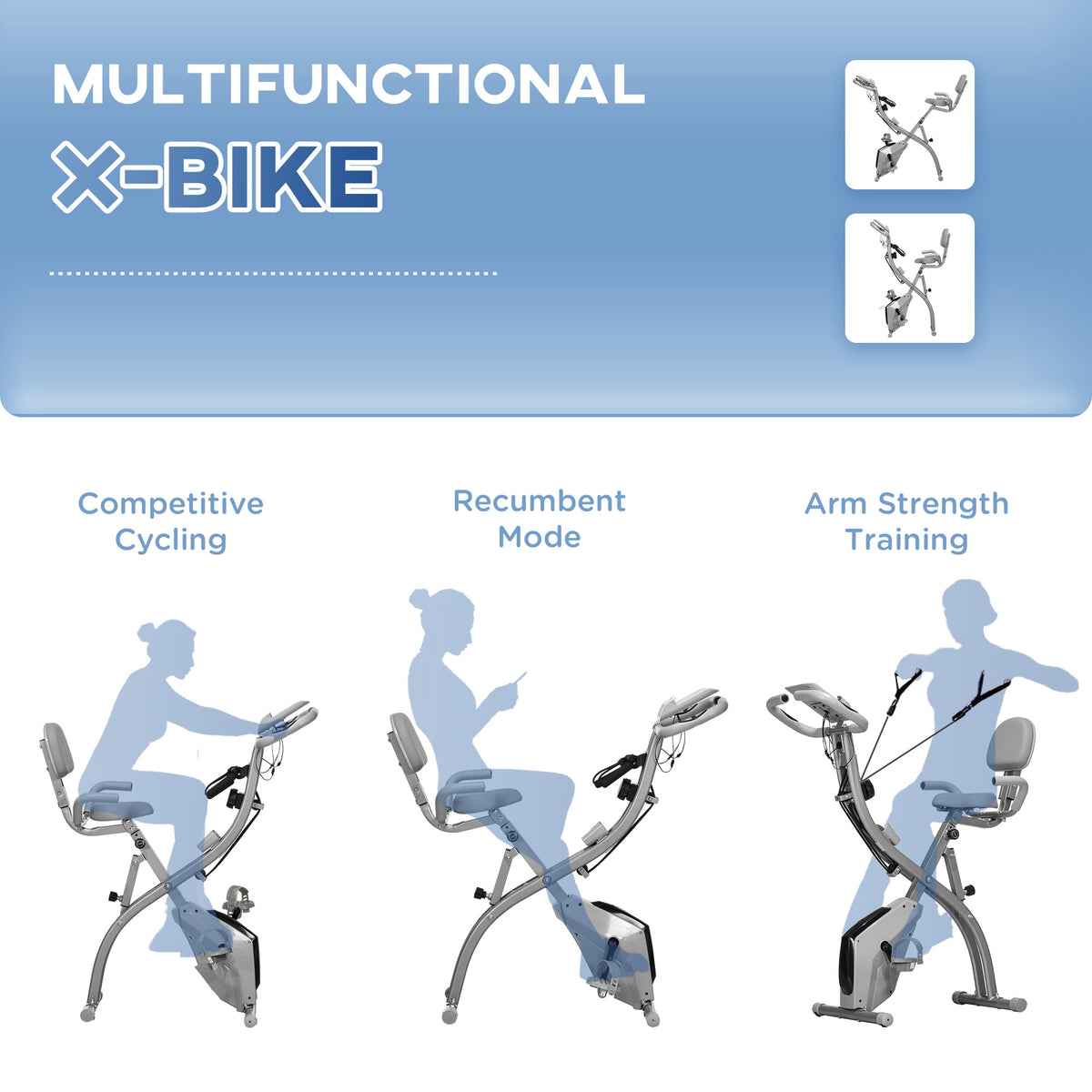 Soozier 3-in-1 Folding Exercise Bike - 8-Level Magnetic Grey-Exercise Bikes-DECOROLALA