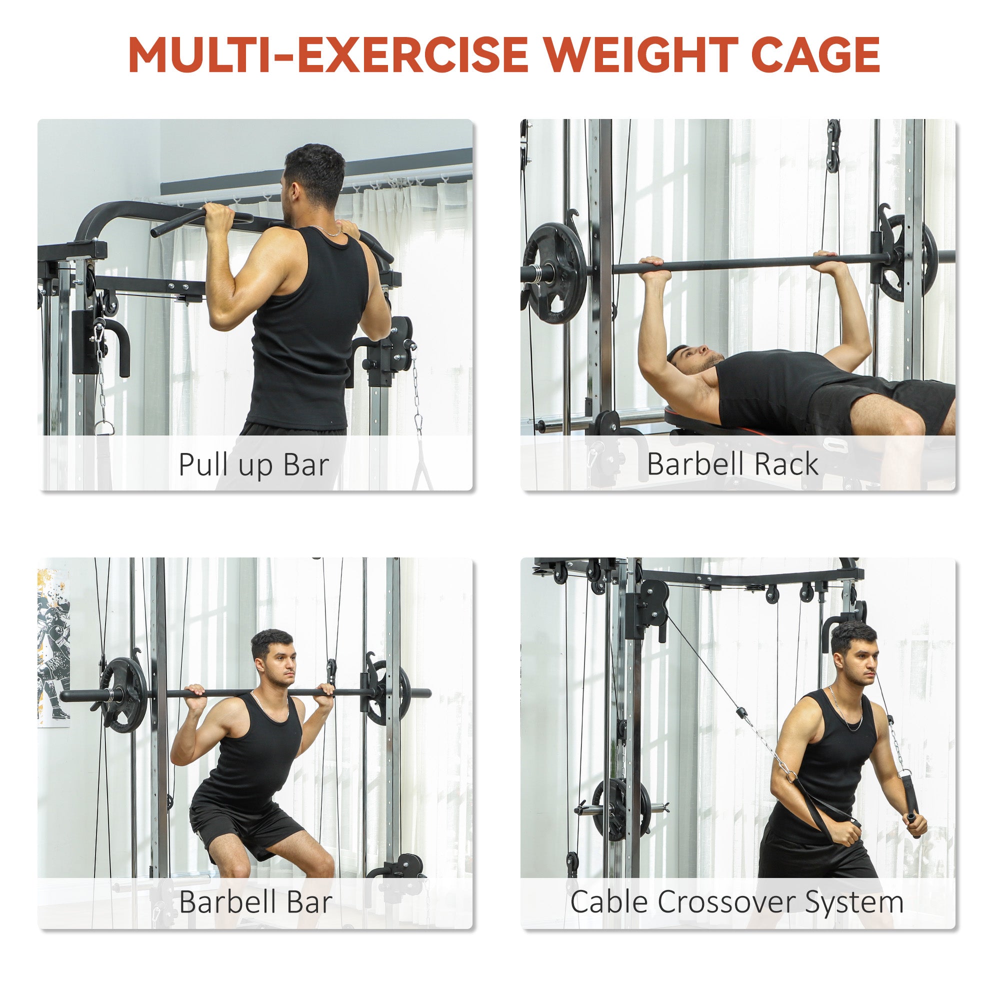 Soozier 3-in-1 Smith Machine Power Rack with Cable Crossover - Black-DECOROLALA