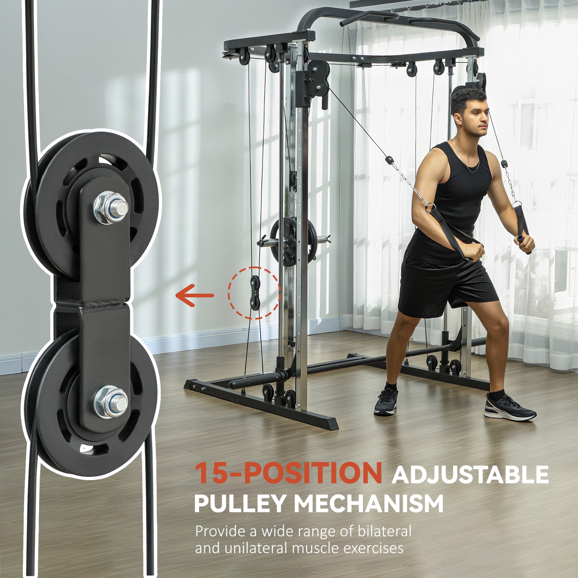 Soozier 3-in-1 Smith Machine Power Rack with Cable Crossover - Black-DECOROLALA