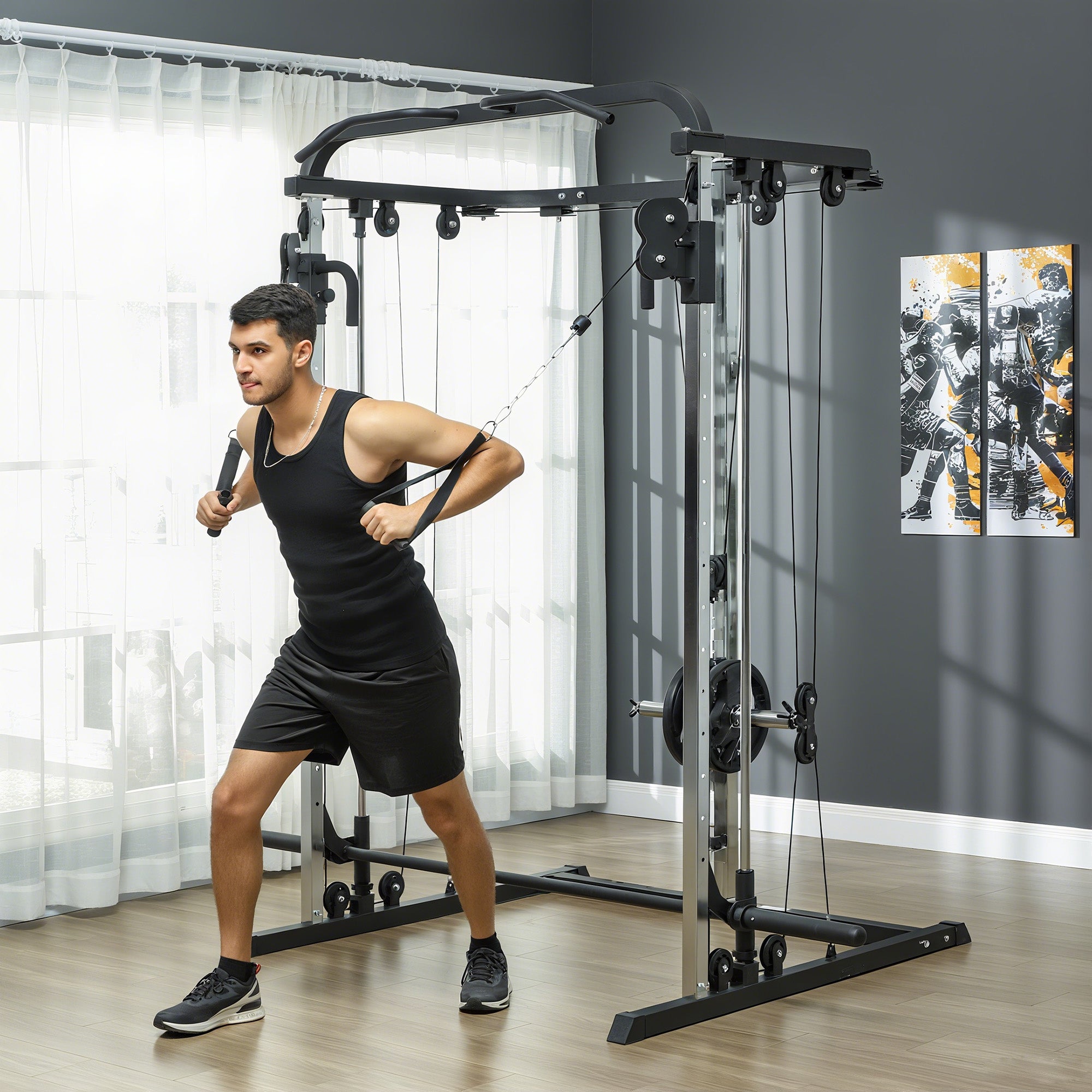 Soozier 3-in-1 Smith Machine Power Rack with Cable Crossover - Black-DECOROLALA