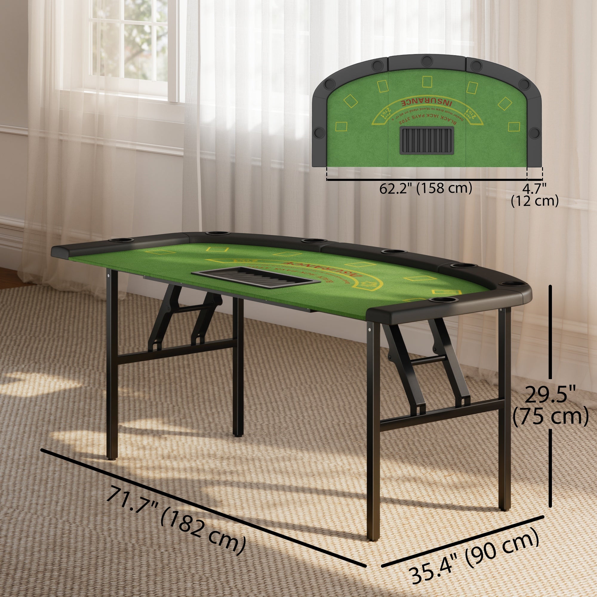 Soozier 72" Foldable Poker Table, 8-Player, Green with 7 Cup Holders-DECOROLALA