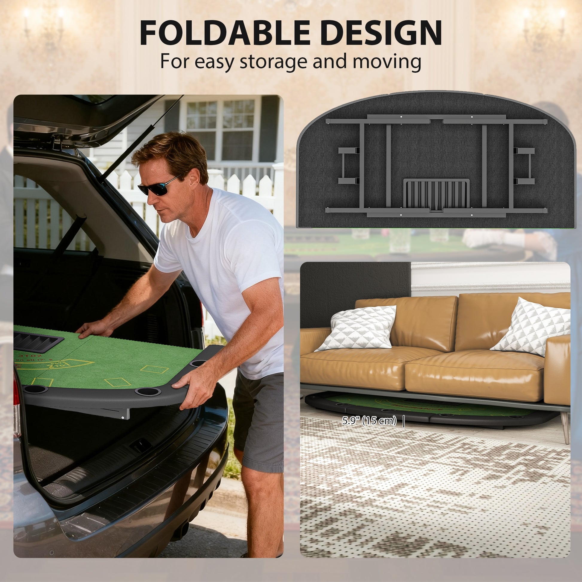 Soozier 72" Foldable Poker Table, 8-Player, Green with 7 Cup Holders-DECOROLALA