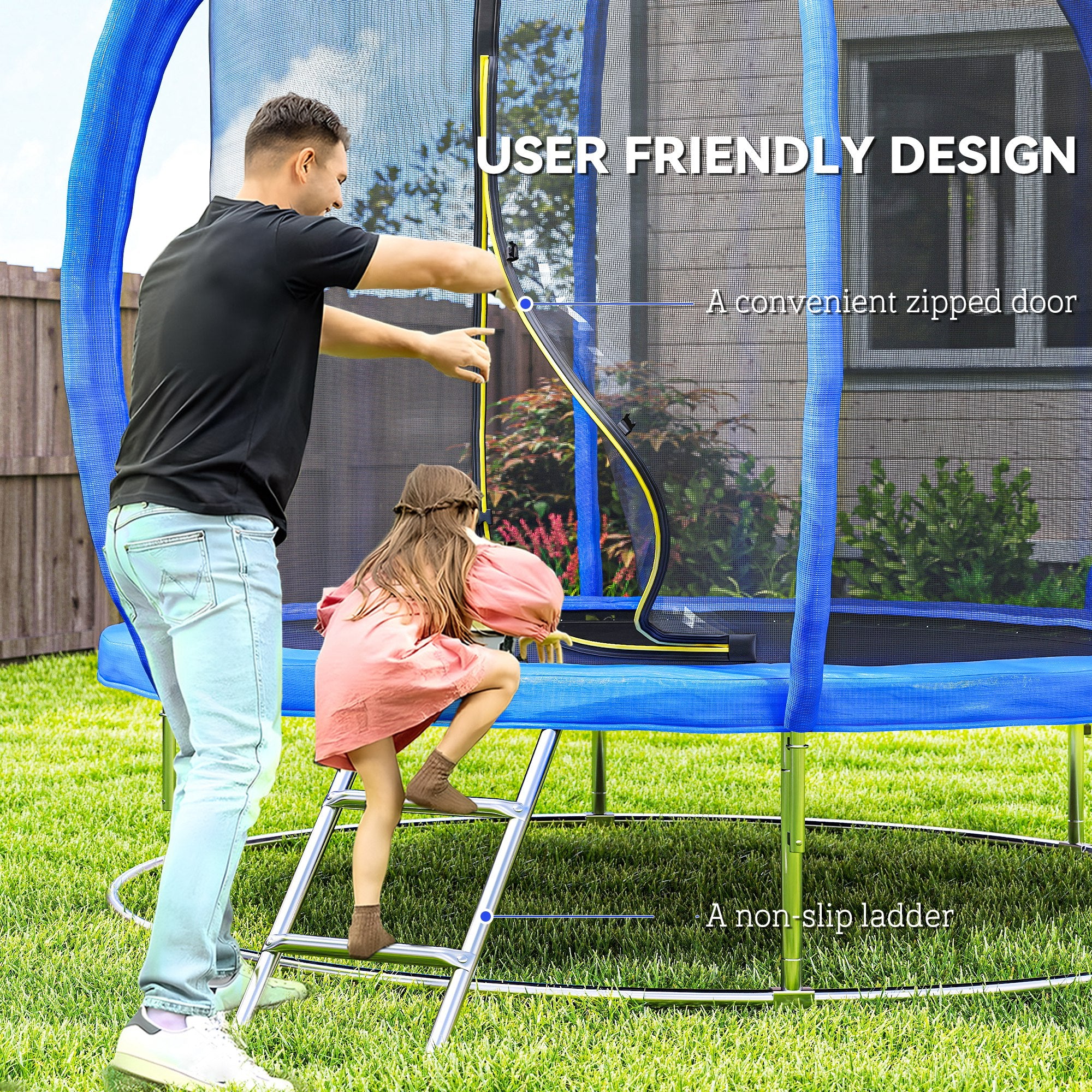 Soozier 8ft Outdoor Trampoline with Enclosure and Ladder - Blue-DECOROLALA