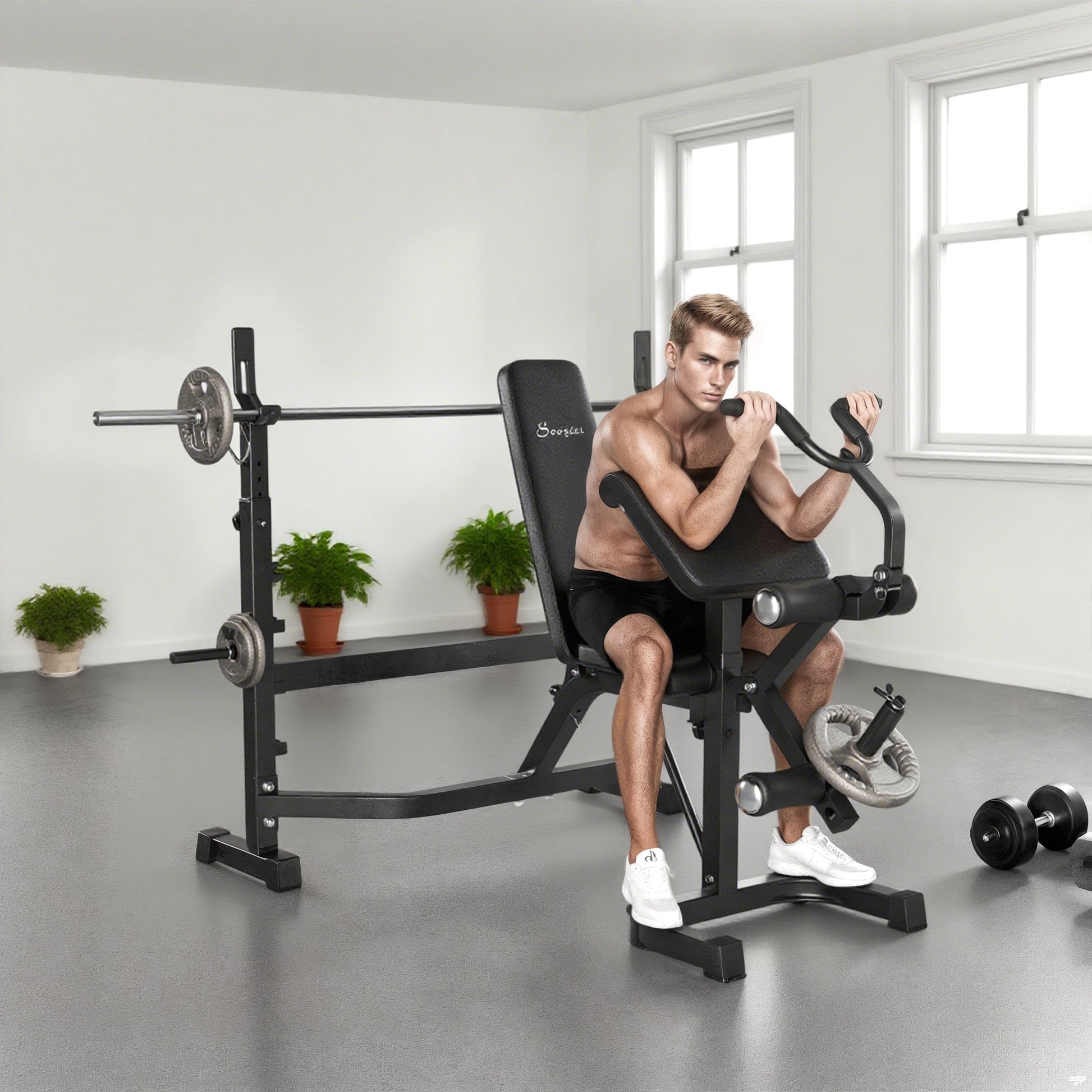 Soozier Adjustable Olympic Weight Bench with Squat Rack - Grey-DECOROLALA