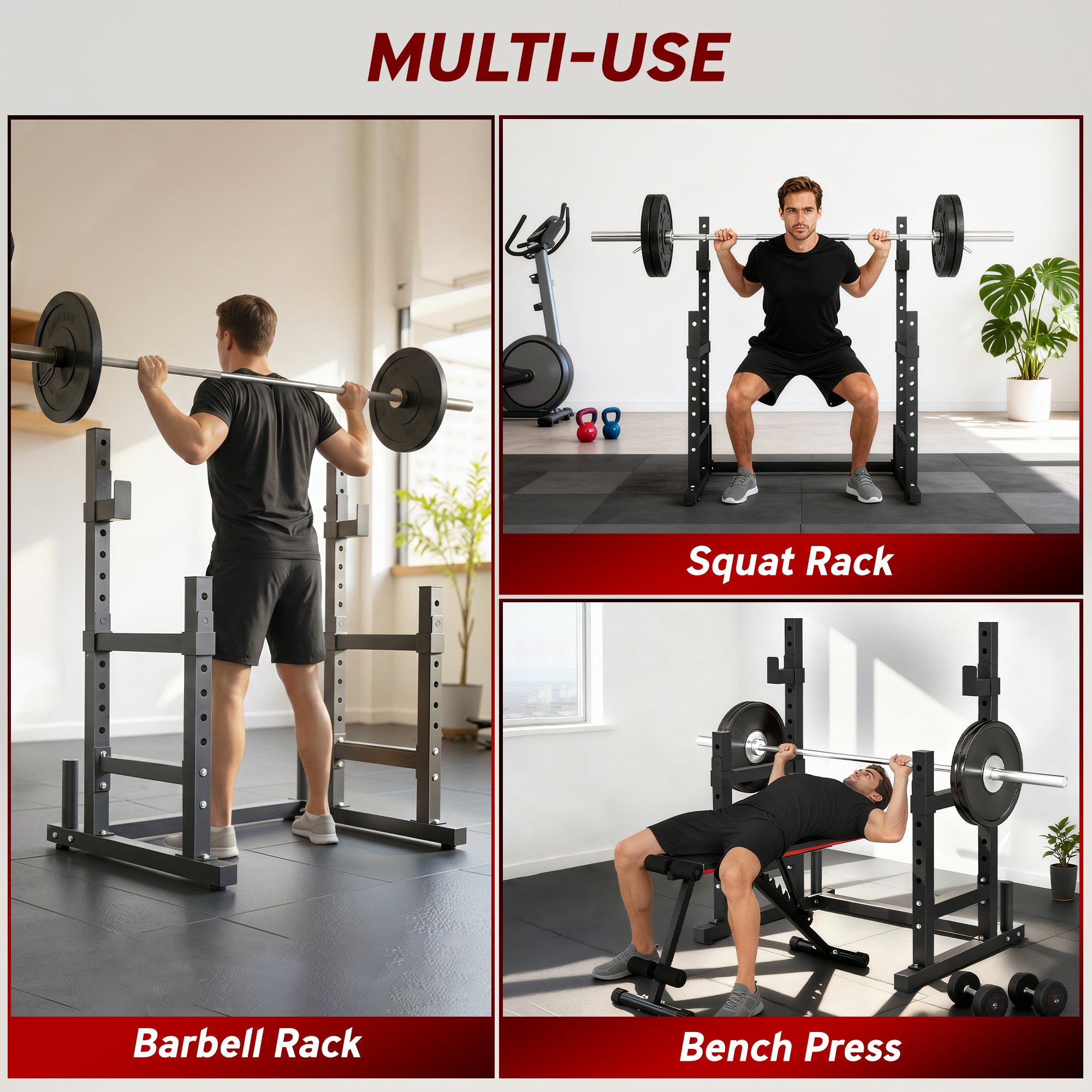 Soozier Adjustable Squat Rack, 660 lbs Multi-Function Barbell Rack for Weight Lifting and Home Gym Strength Training, Black-DECOROLALA