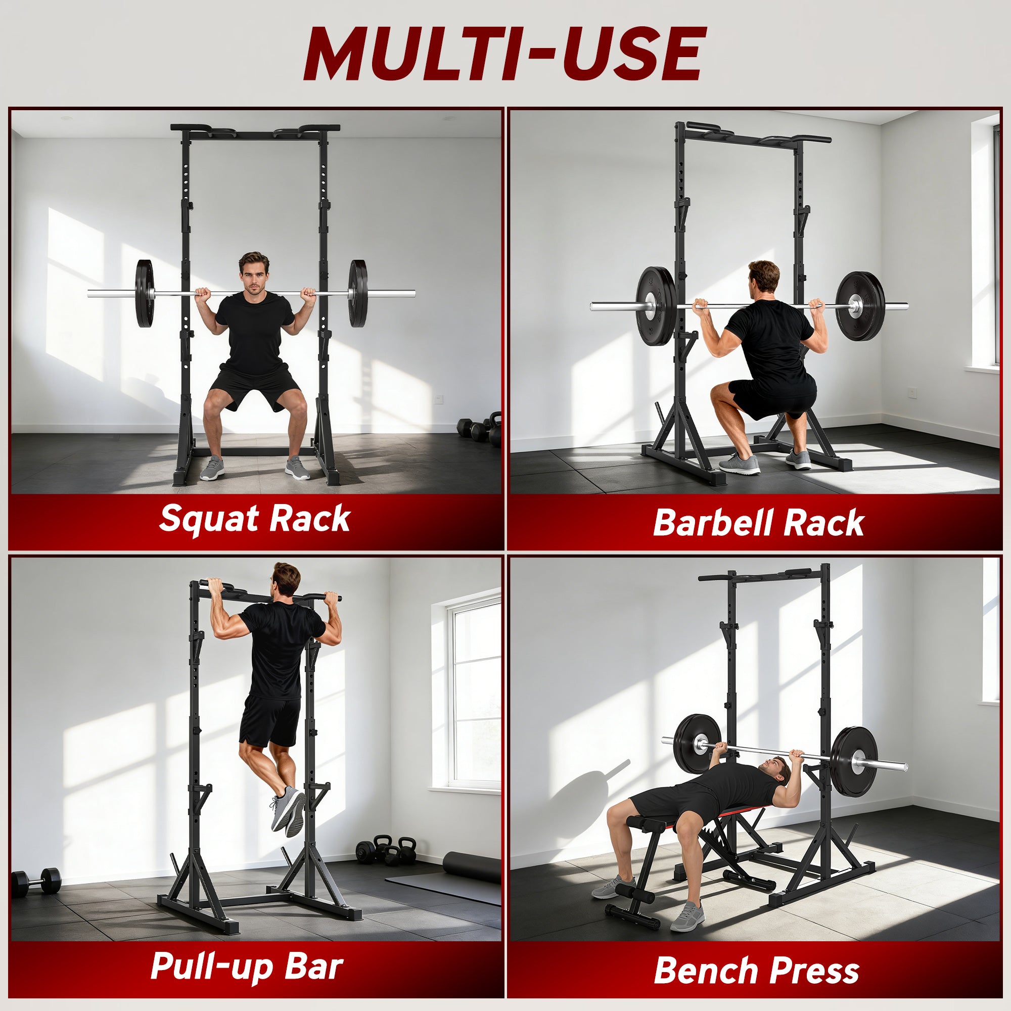 Soozier Adjustable Squat Rack with Pull Up Bar - Black-DECOROLALA