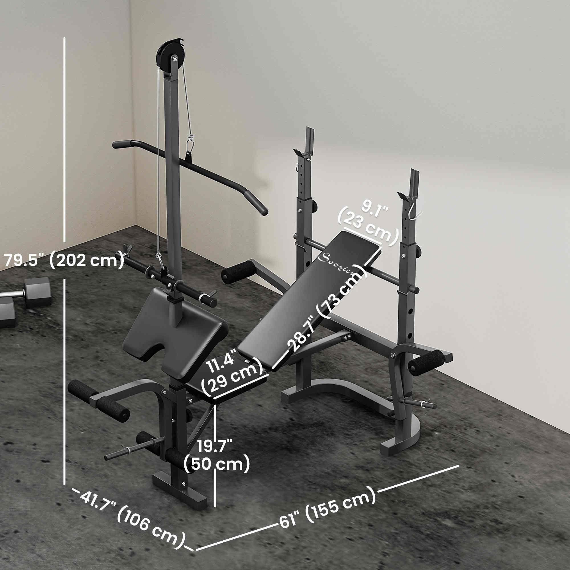 Soozier Adjustable Weight Bench with Rack & Lat Pull Down - Black-DECOROLALA