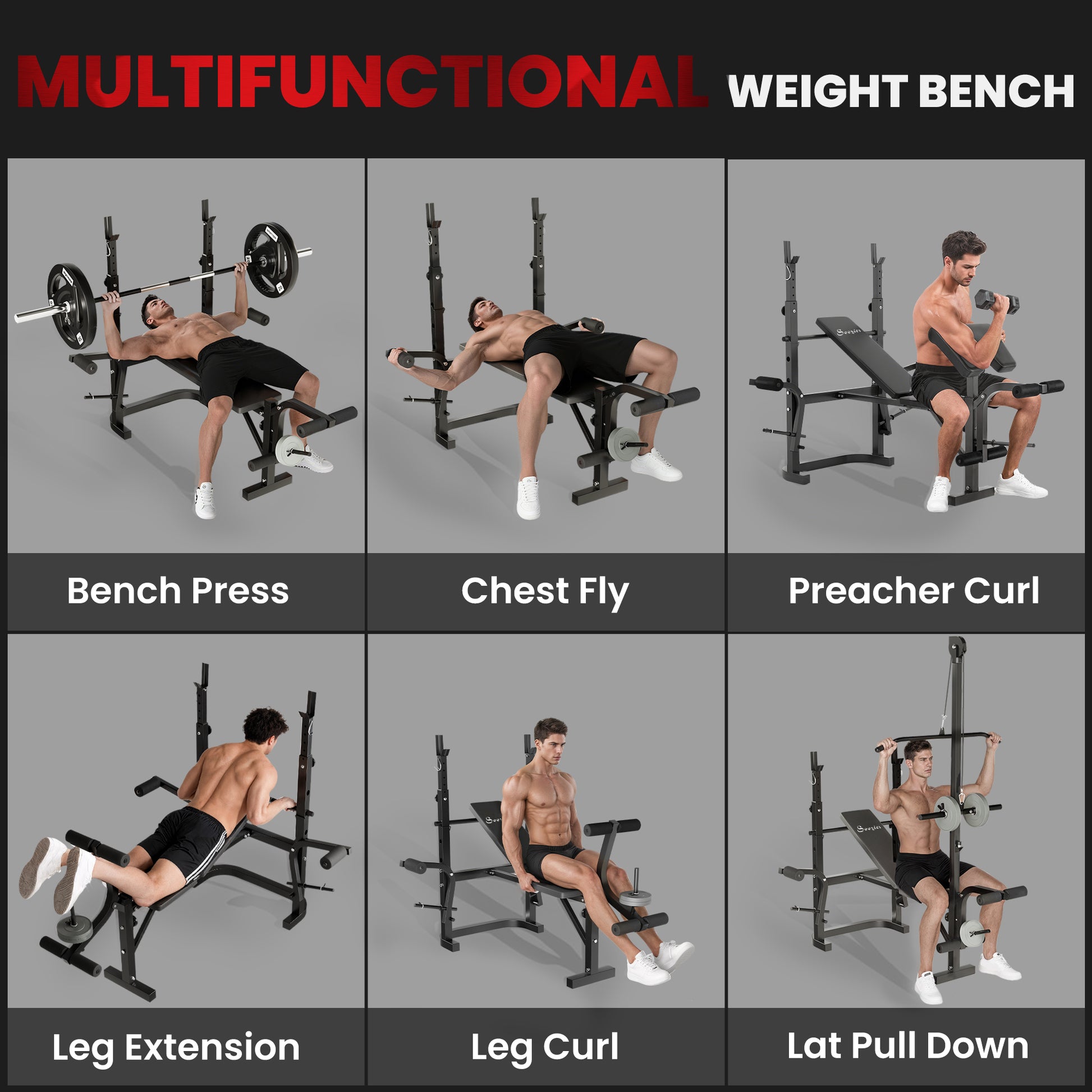 Soozier Adjustable Weight Bench with Rack & Lat Pull Down - Black-DECOROLALA