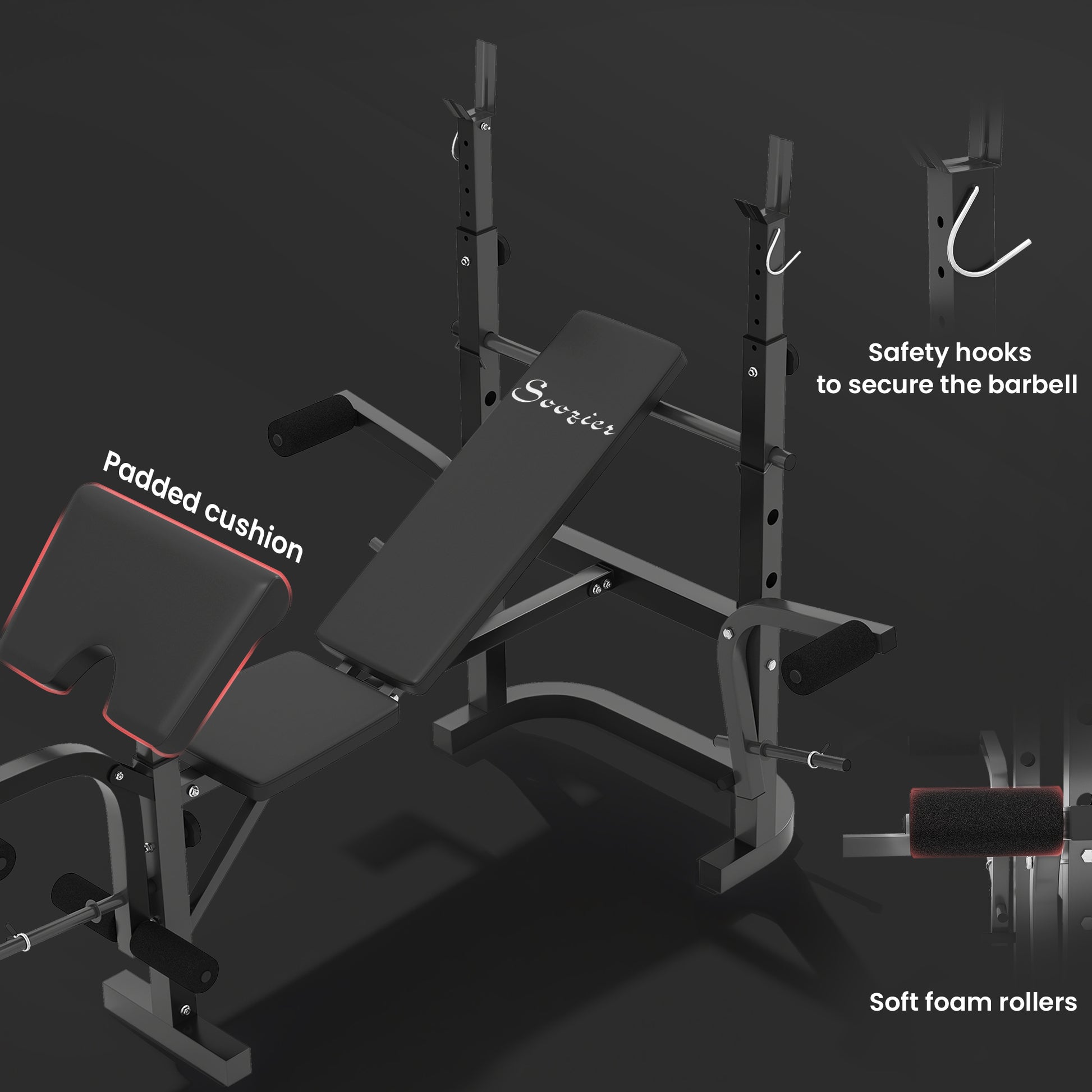 Soozier Adjustable Weight Bench with Rack & Lat Pull Down - Black-DECOROLALA