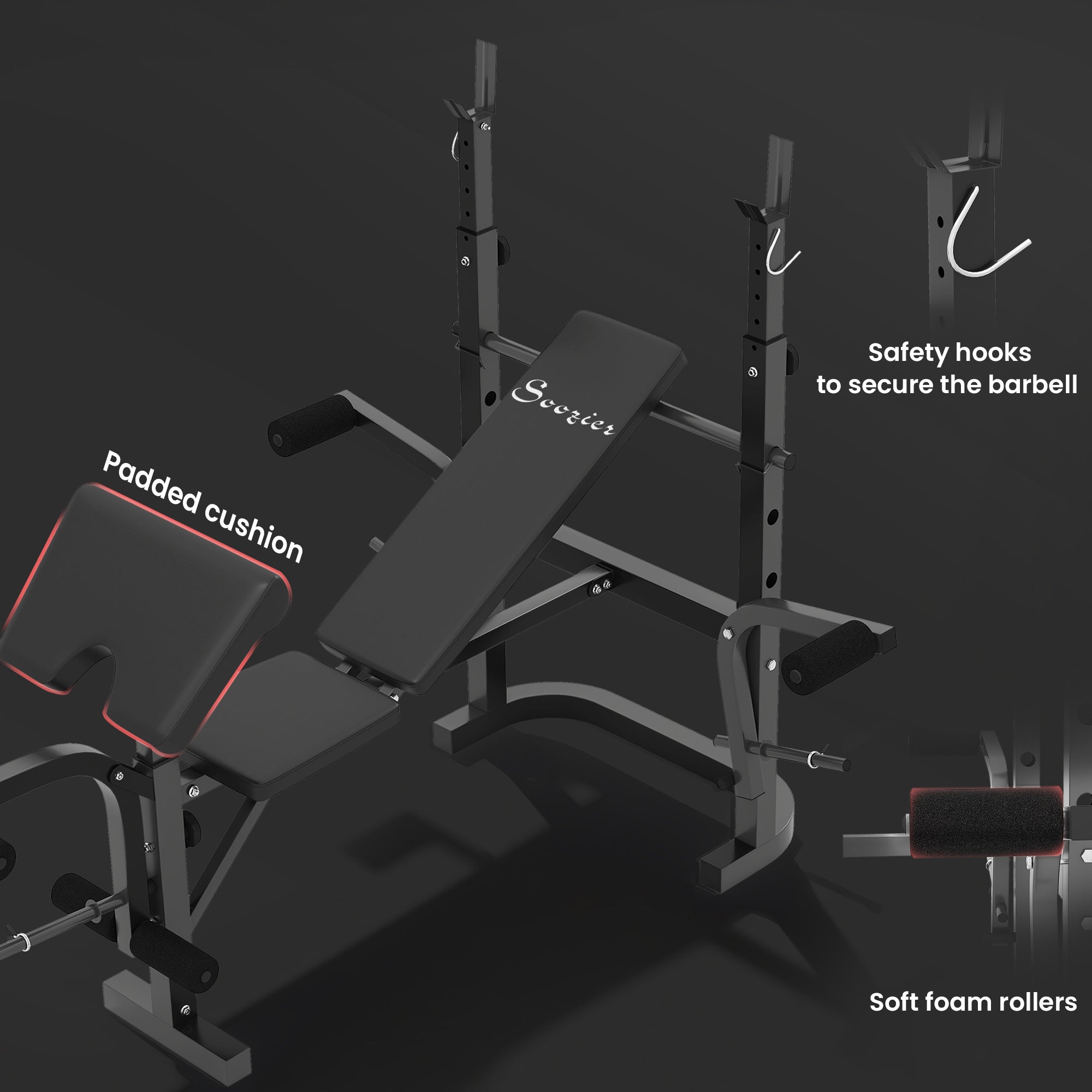 Soozier Adjustable Weight Bench with Rack & Lat Pull Down - Black-DECOROLALA