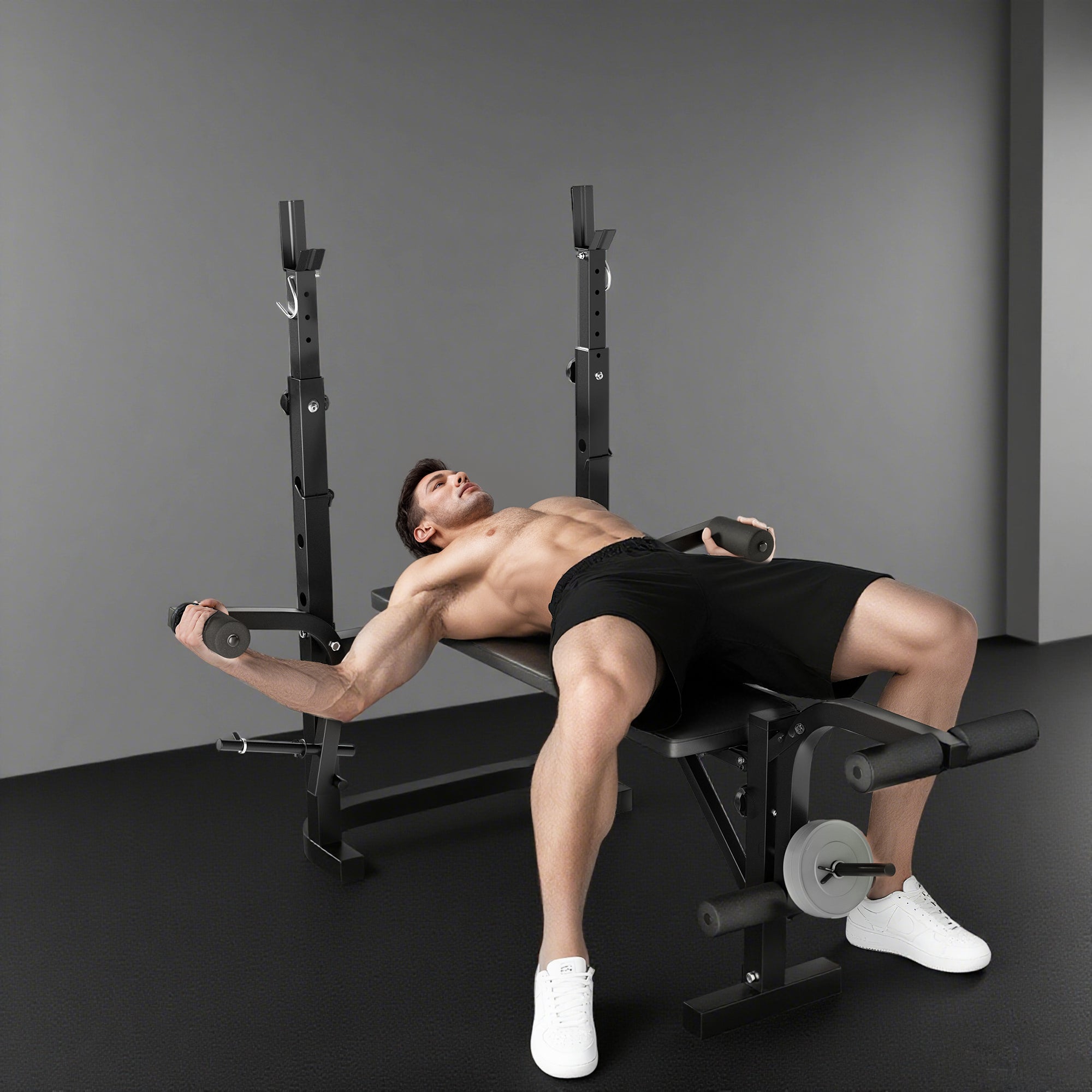 Soozier Adjustable Weight Bench with Rack & Lat Pull Down - Black-DECOROLALA