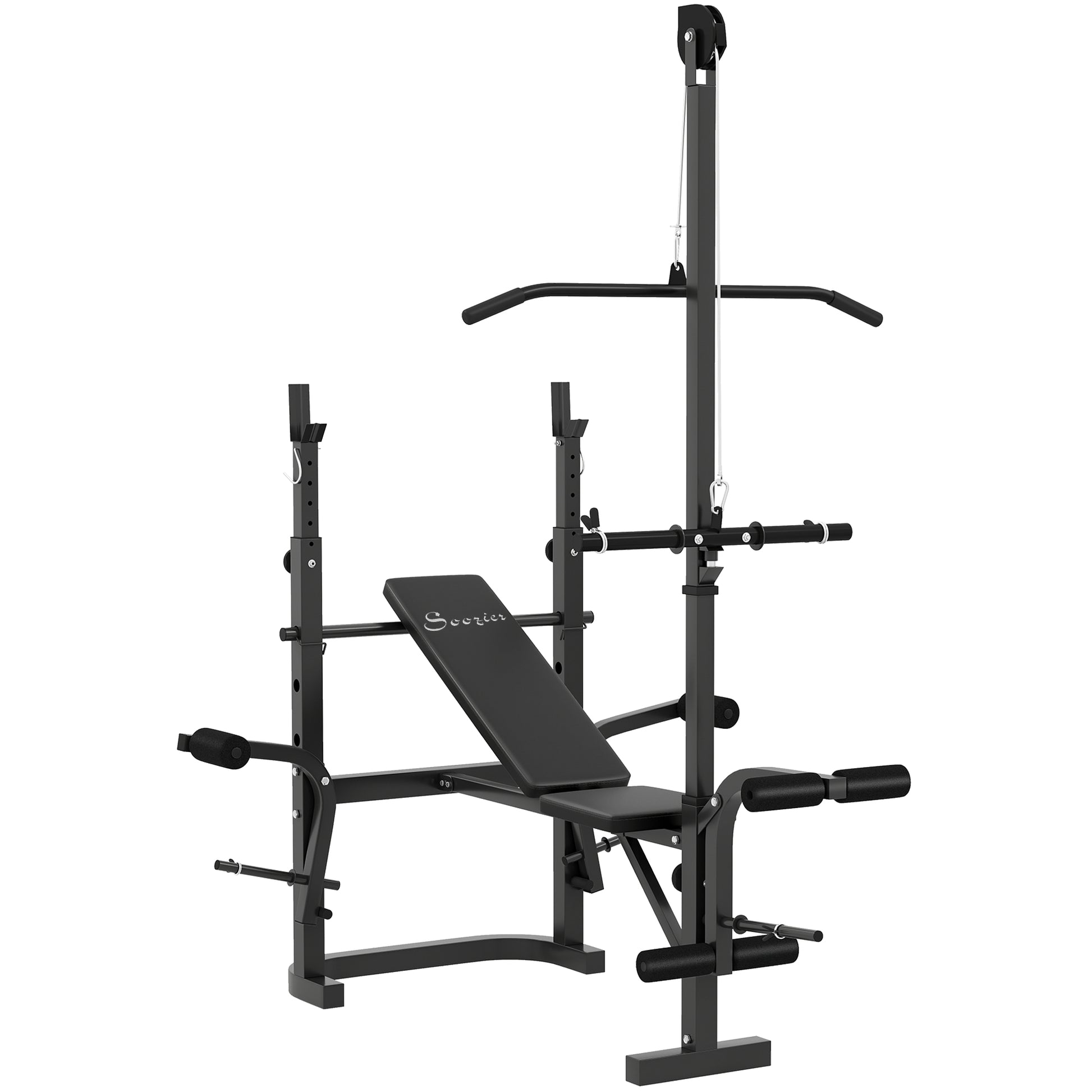 Soozier Adjustable Weight Bench with Rack & Lat Pull Down - Black-DECOROLALA