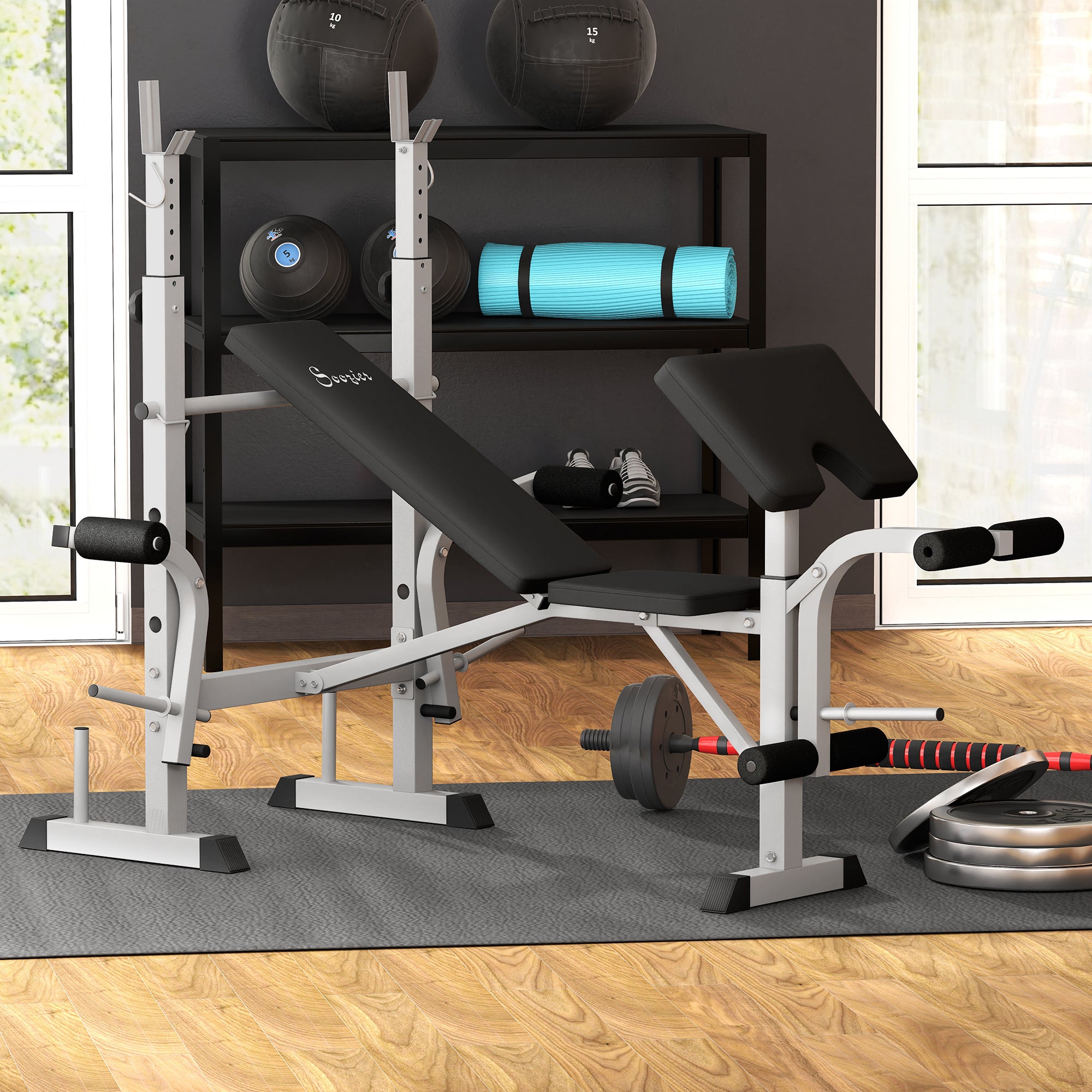 Soozier Adjustable Weight Bench with Squat Rack - Grey-DECOROLALA