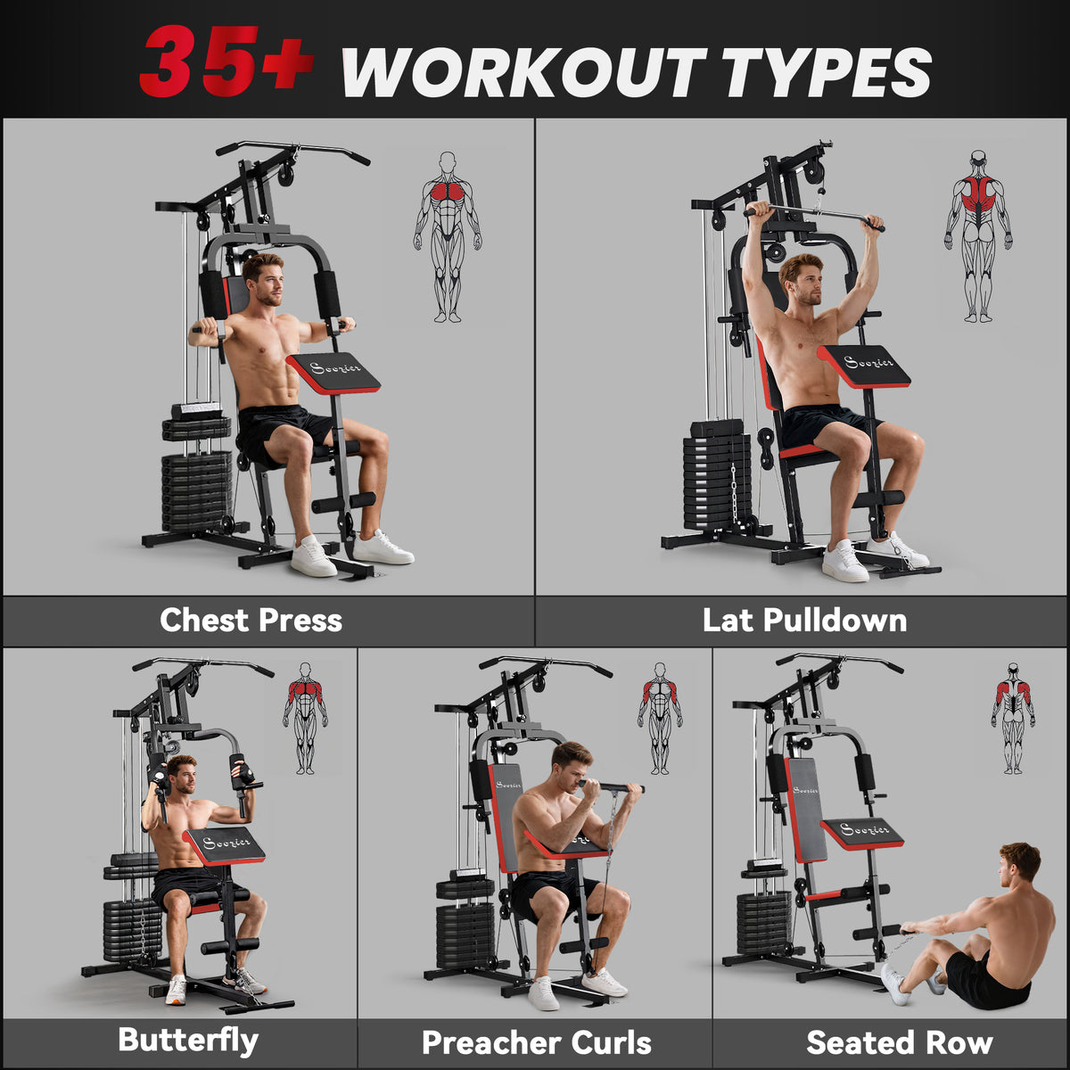 Soozier Home Gym Machine with 143lbs Weight Stack - Red/Black-Strength Training Equipment-DECOROLALA