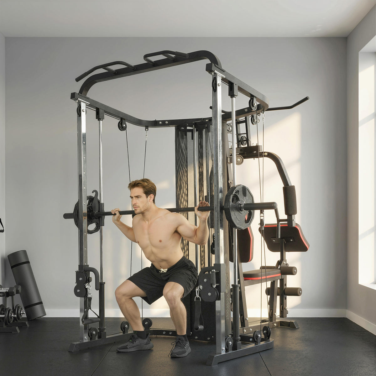 Soozier Home Gym Smith Machine with 143lbs Weight Stack - Black-Strength Training Equipment-DECOROLALA