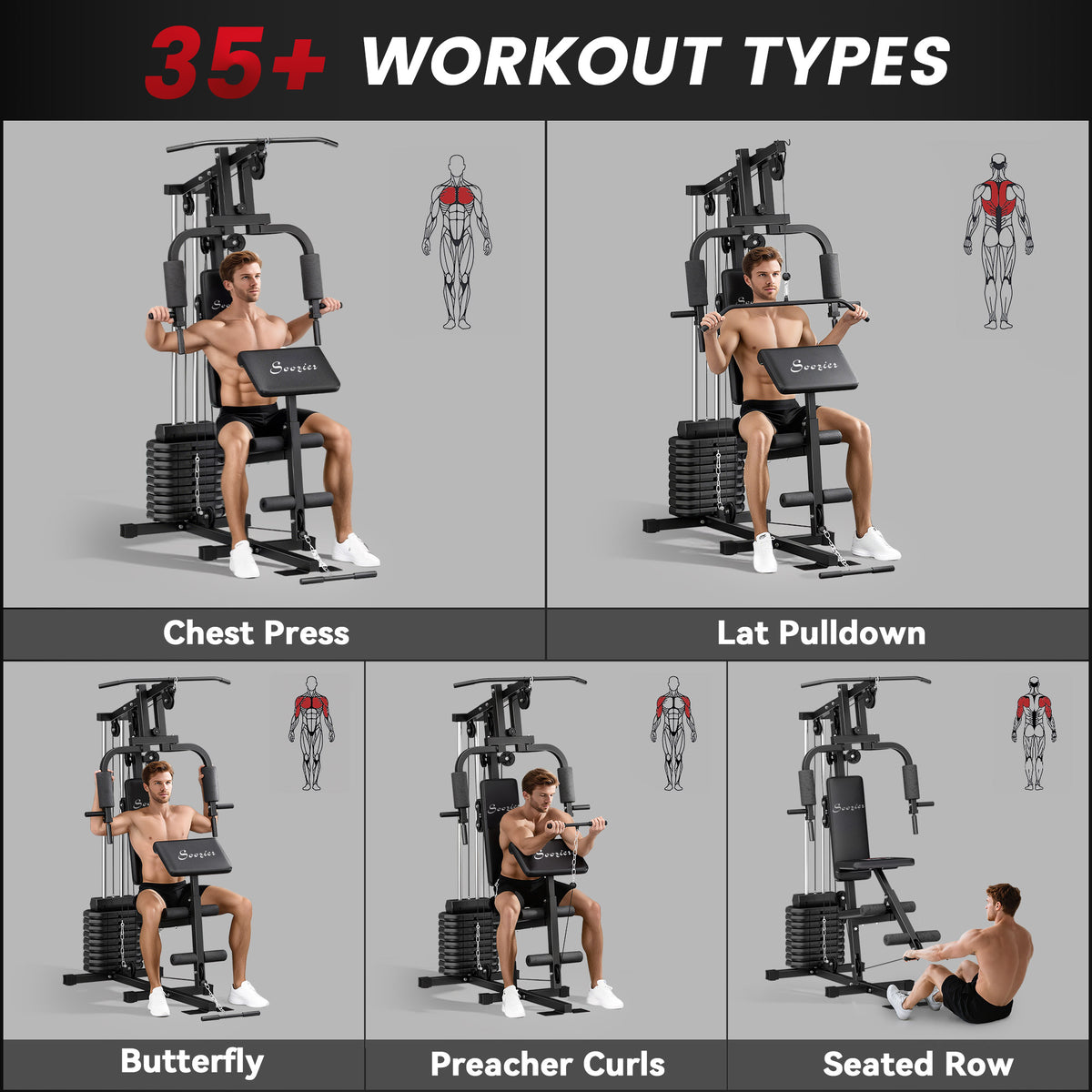 Soozier Home Gym Station - 99lbs Weight Stack Black Steel-Strength Training Equipment-DECOROLALA