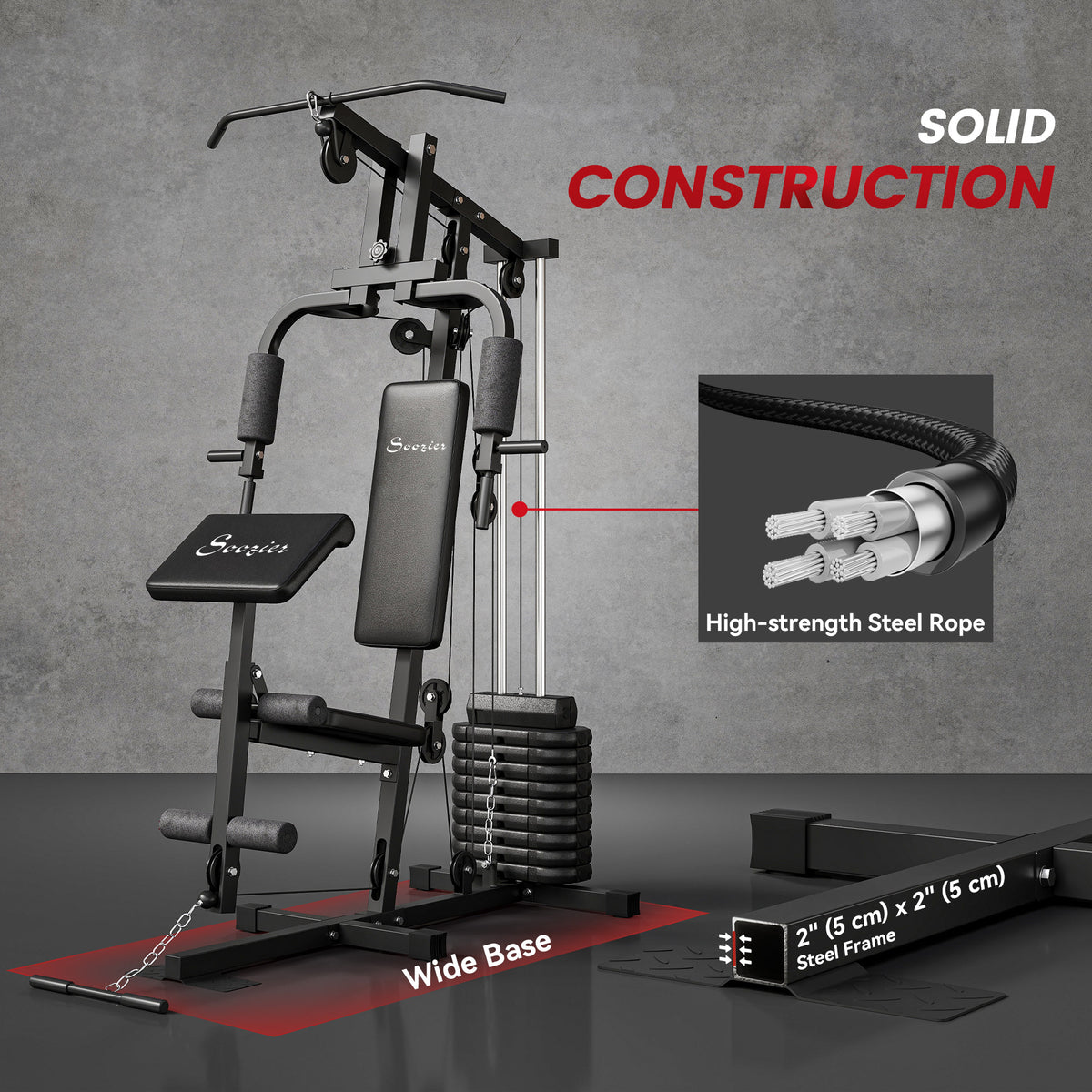 Soozier Home Gym Station - 99lbs Weight Stack Black Steel-Strength Training Equipment-DECOROLALA