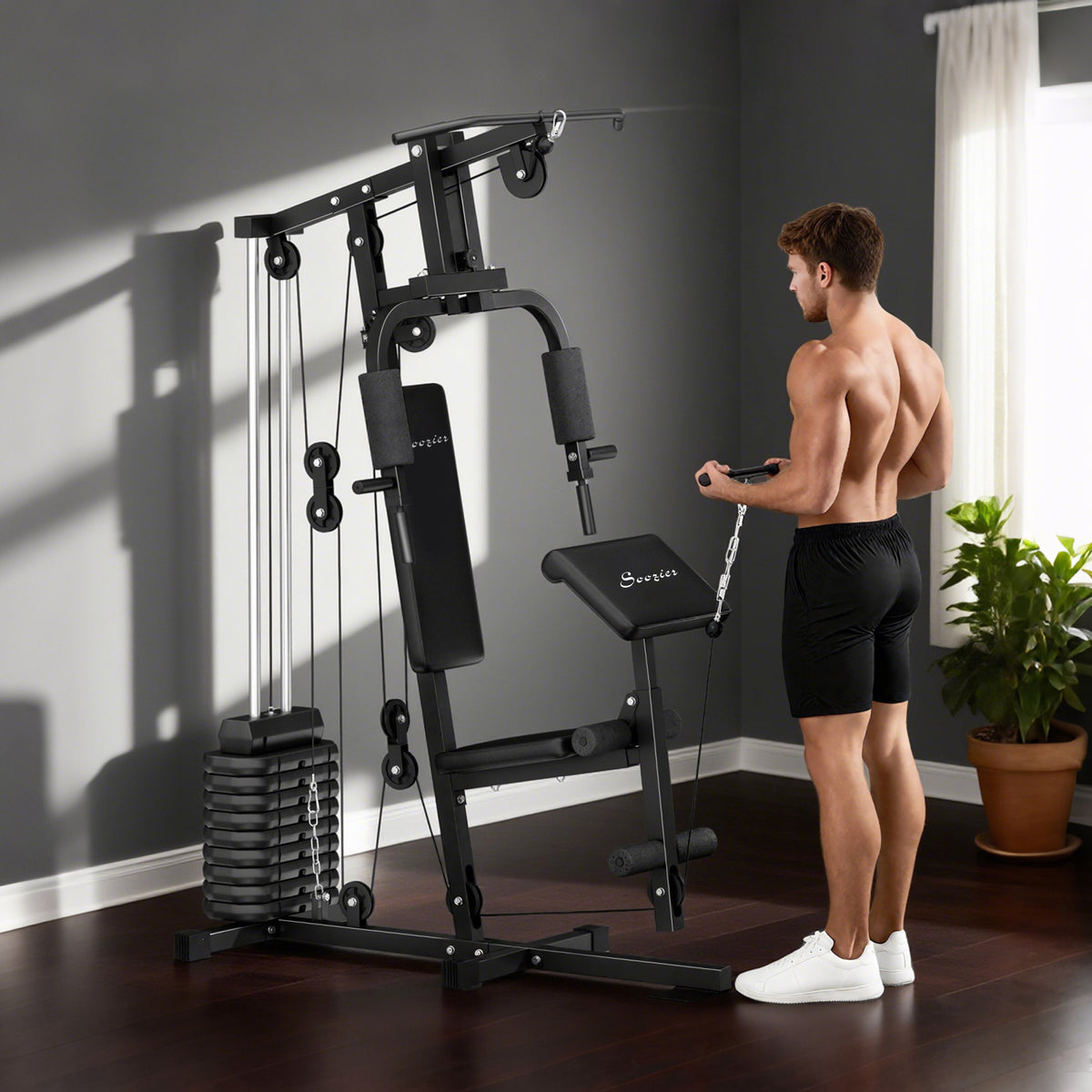 Soozier Home Gym Station - 99lbs Weight Stack Black Steel-Strength Training Equipment-DECOROLALA