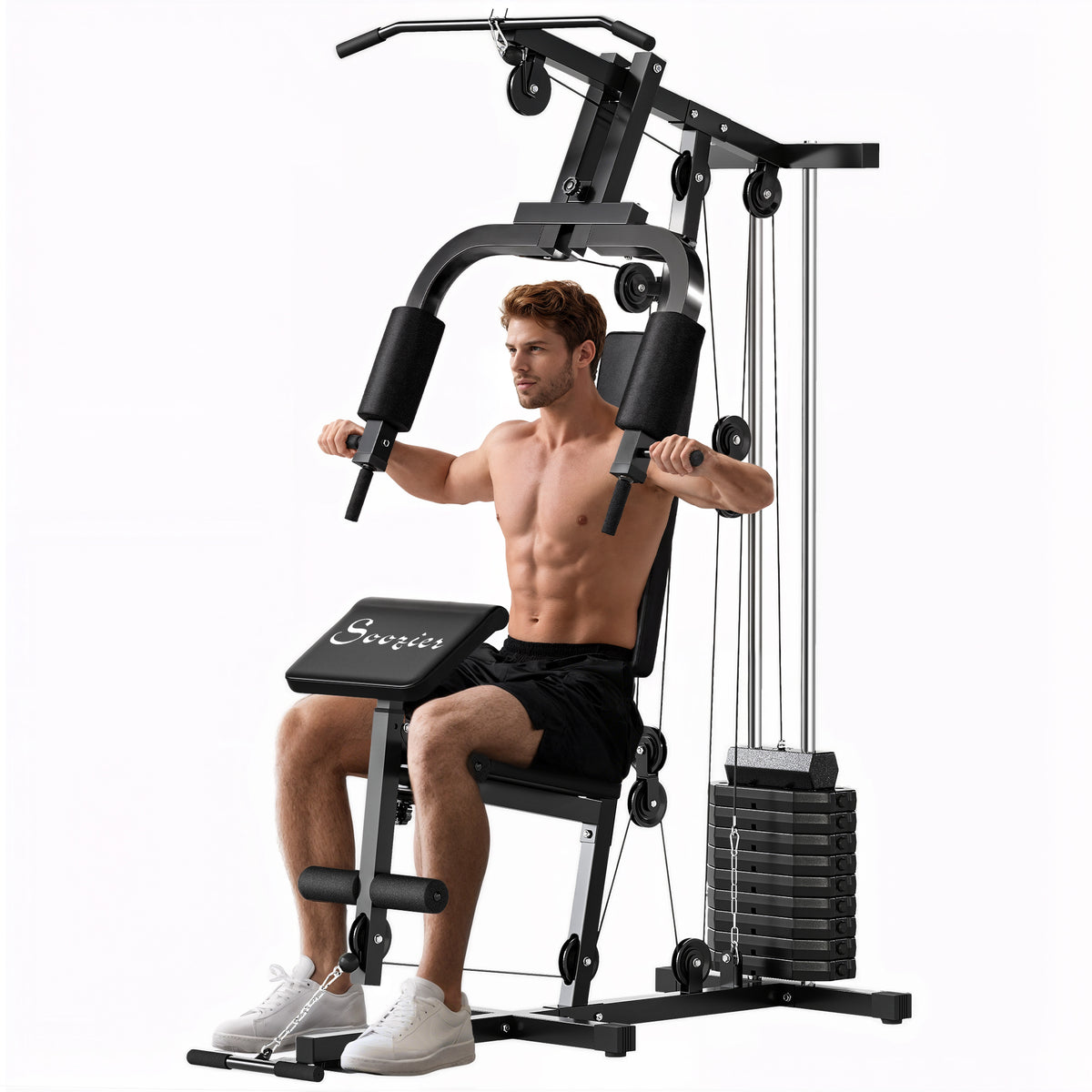 Soozier Home Gym Station with 143lbs Weight Stack - Black-Strength Training Equipment-DECOROLALA