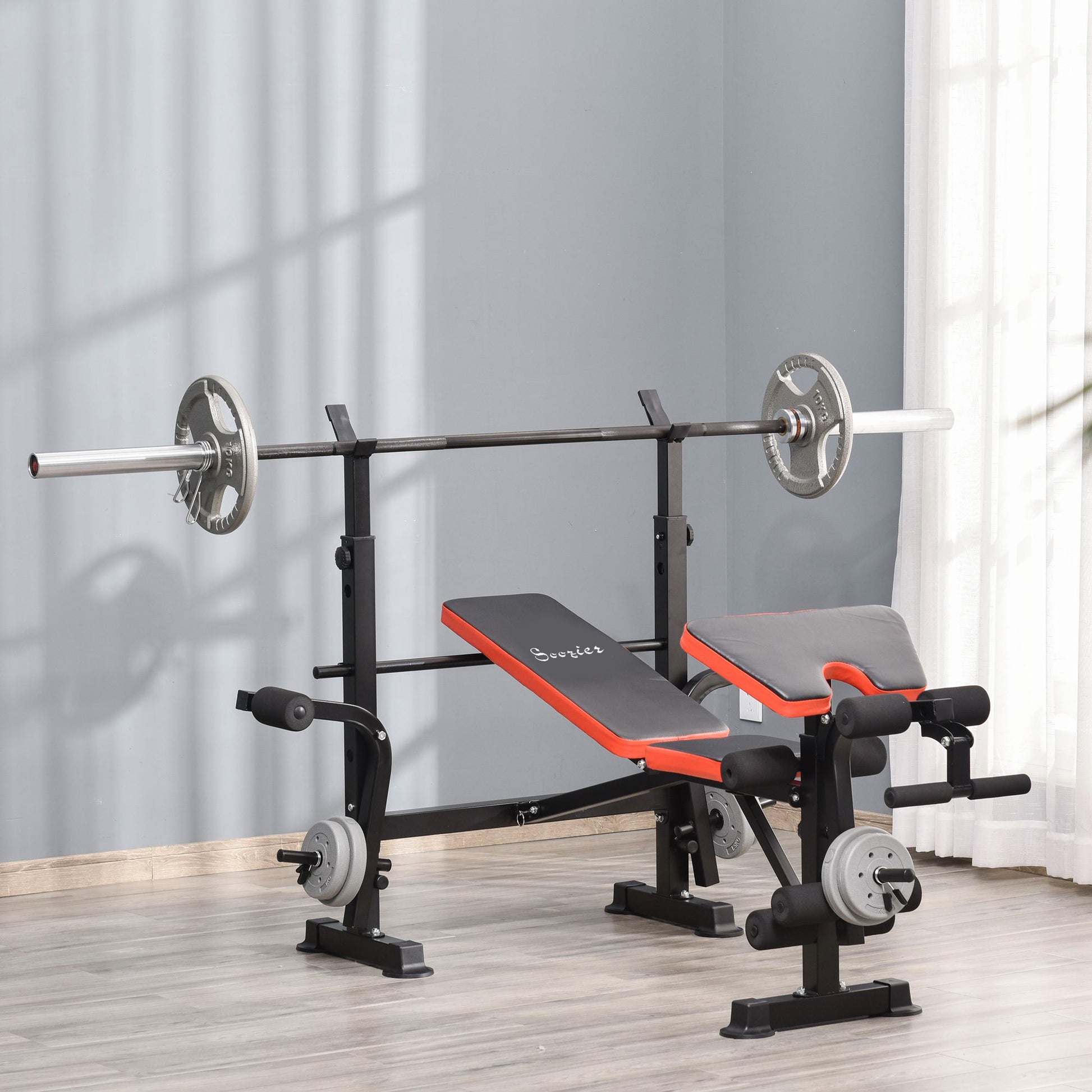 Soozier Multifunctional Weight Bench with Squat Rack - Black/Red-DECOROLALA
