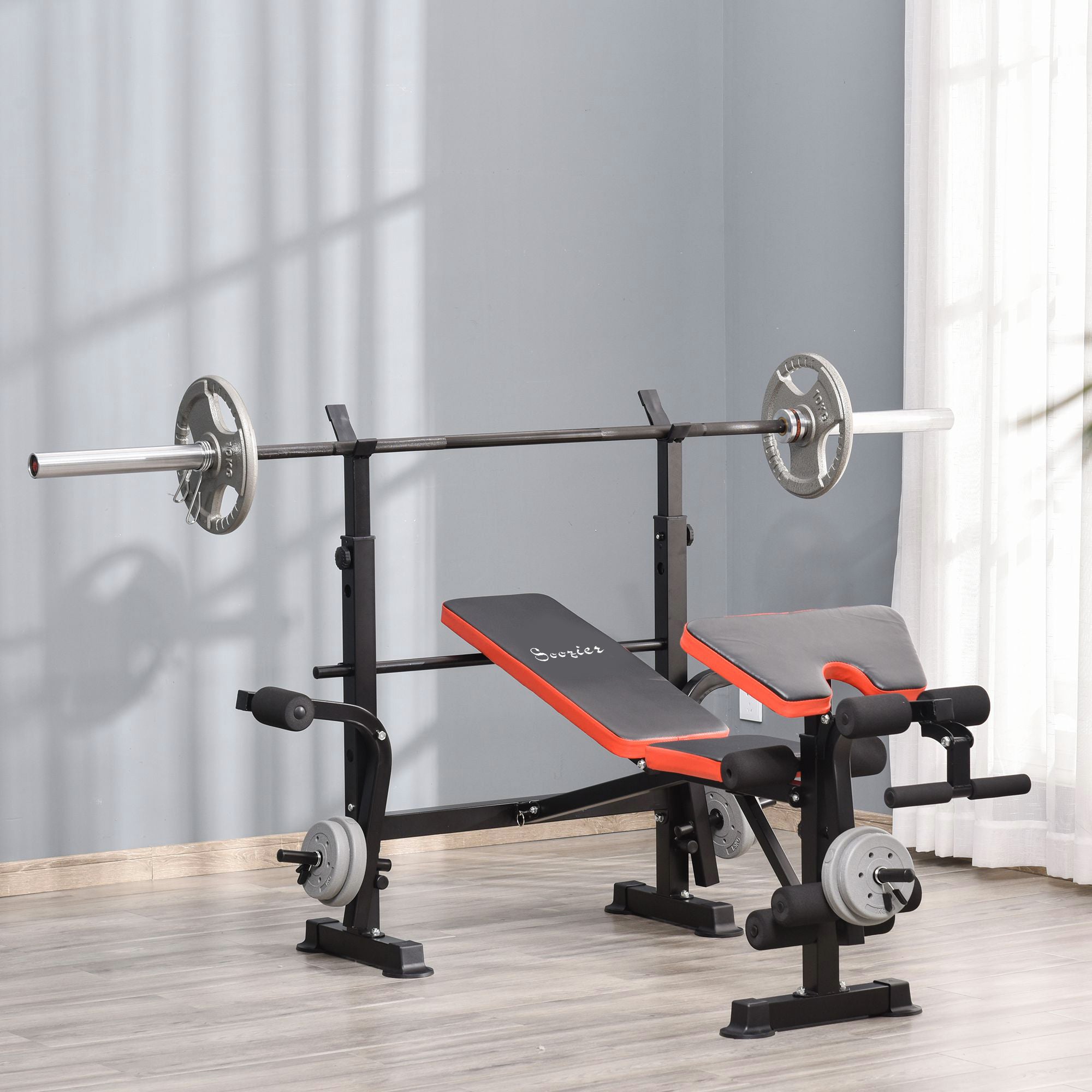 Soozier Multifunctional Weight Bench with Squat Rack - Black/Red-DECOROLALA