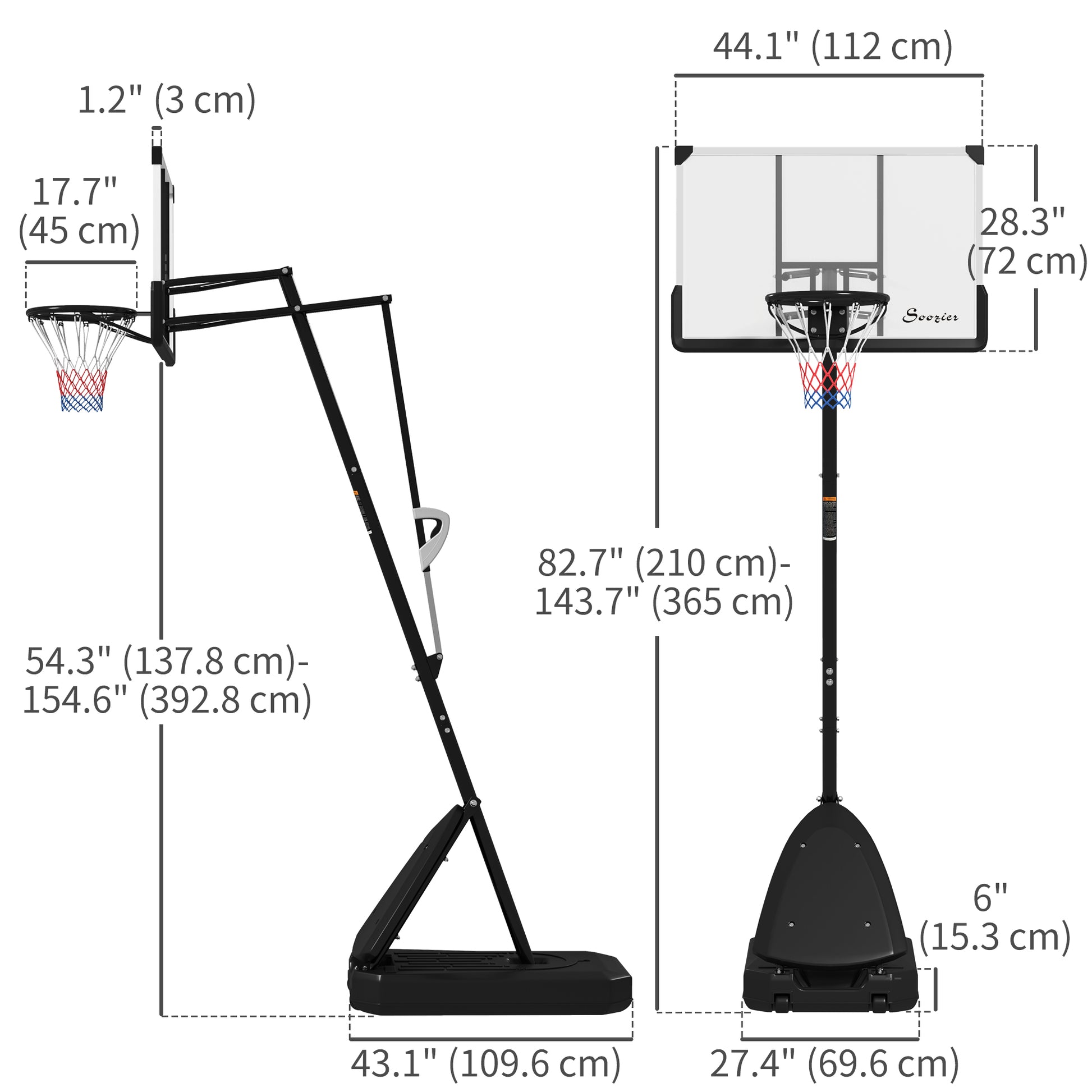 Soozier Portable Basketball Hoop - 4.9-10ft Adjustable Black-DECOROLALA