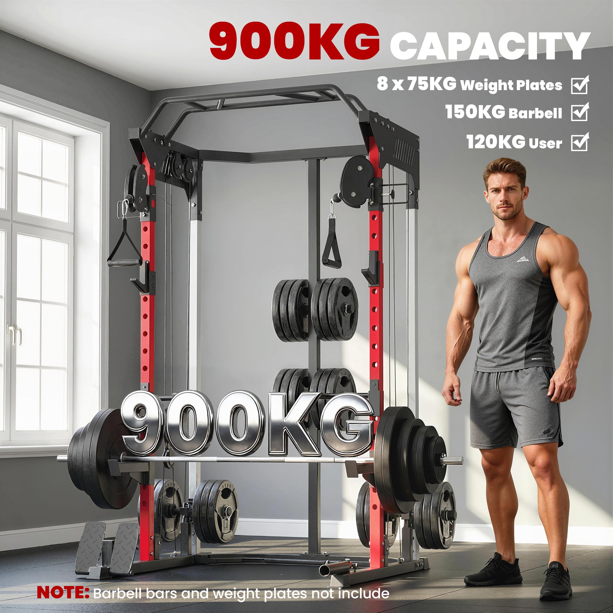 Soozier Power Cage with Cable Pulley System - Black Steel-DECOROLALA