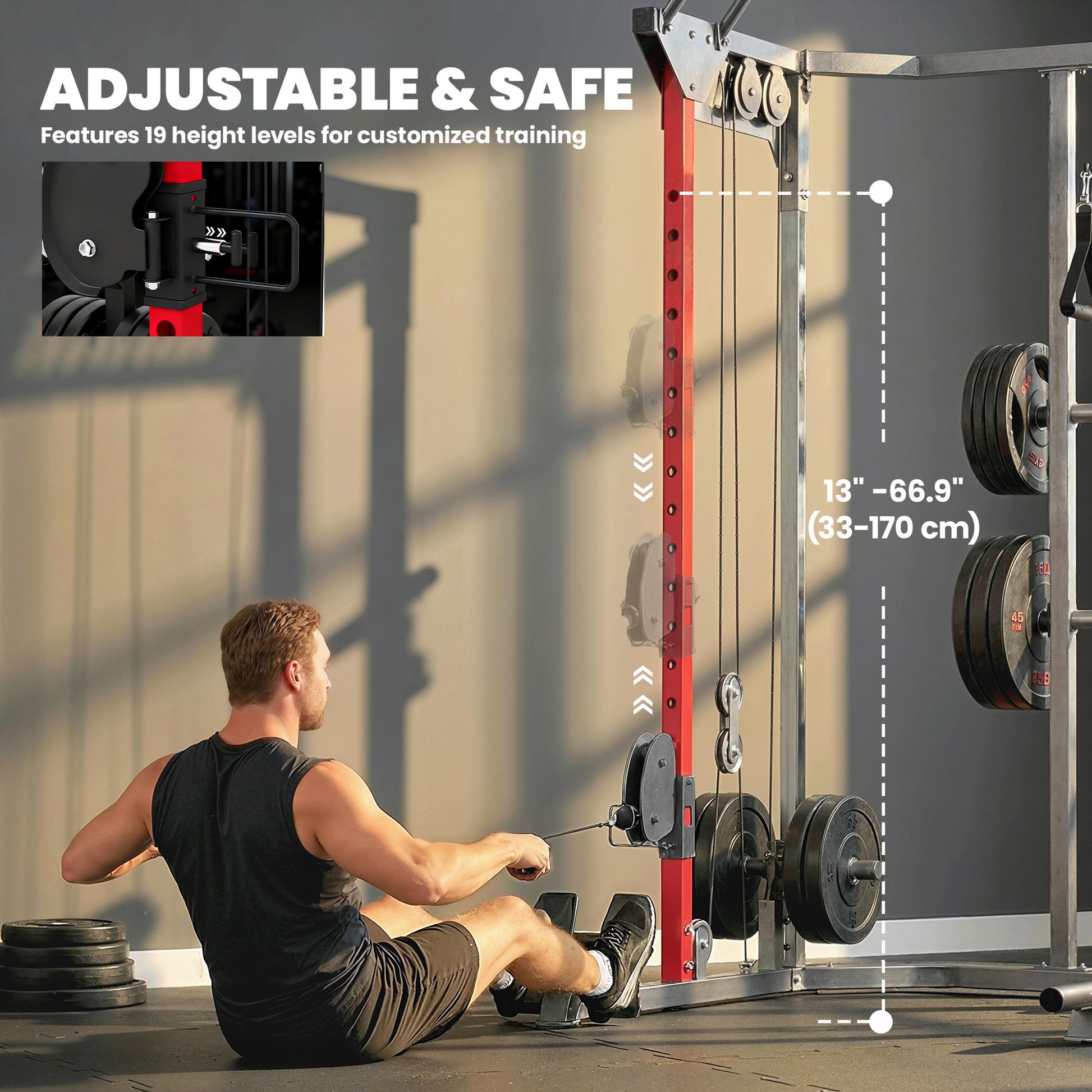 Soozier Power Cage with Cable Pulley System - Black Steel-DECOROLALA