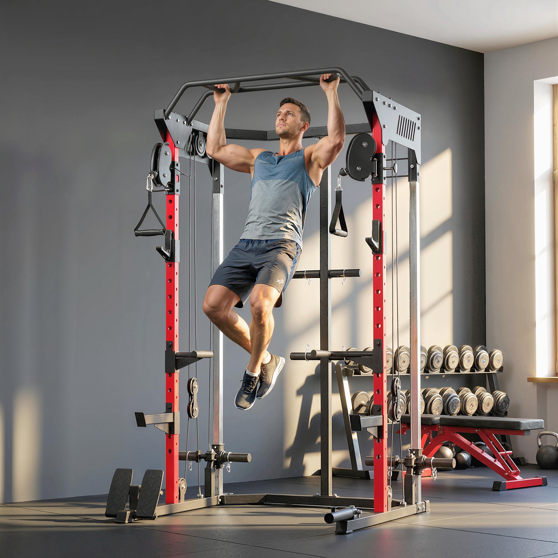 Soozier Power Cage with Cable Pulley System - Black Steel-DECOROLALA