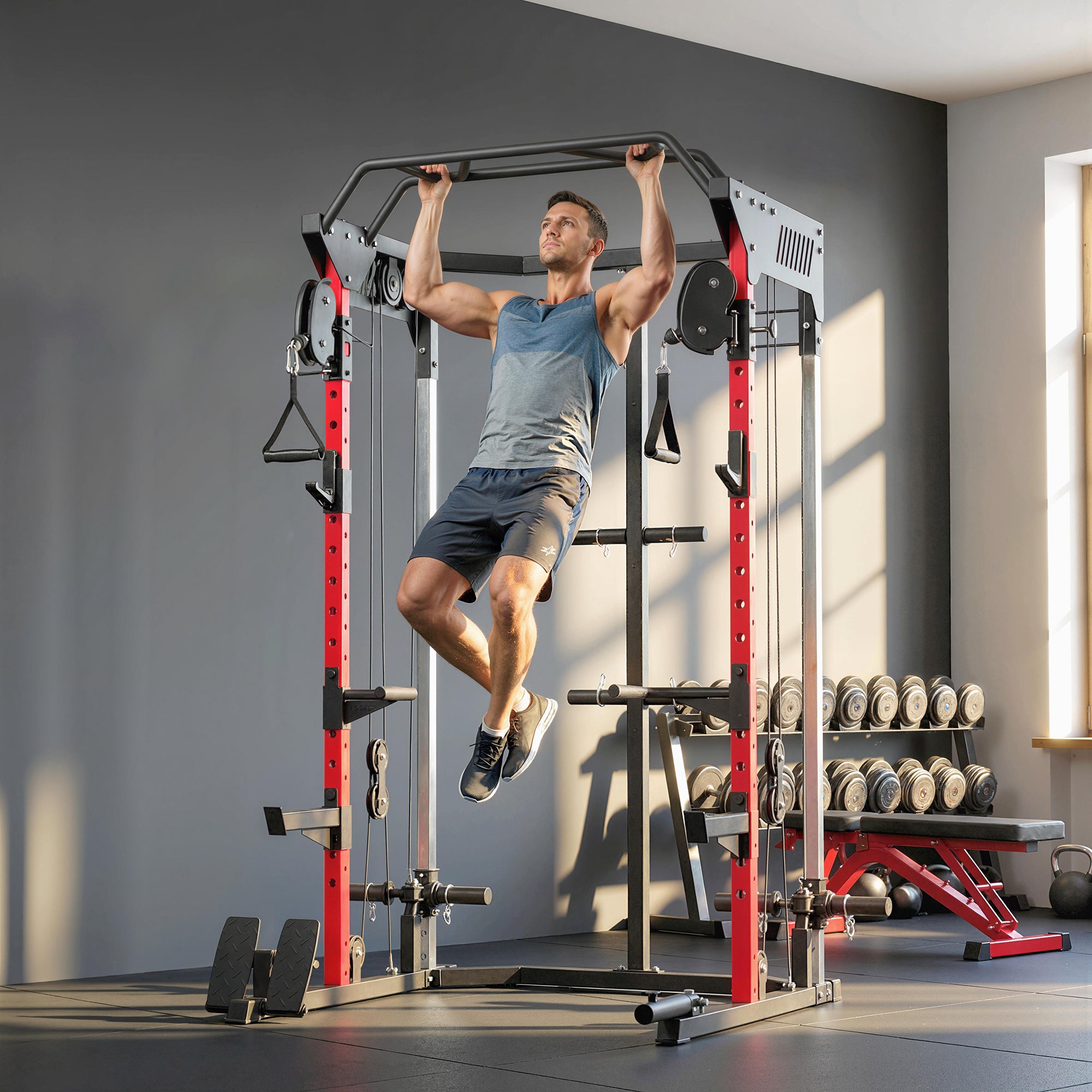 Soozier Power Cage with Cable Pulley System - Black Steel-DECOROLALA