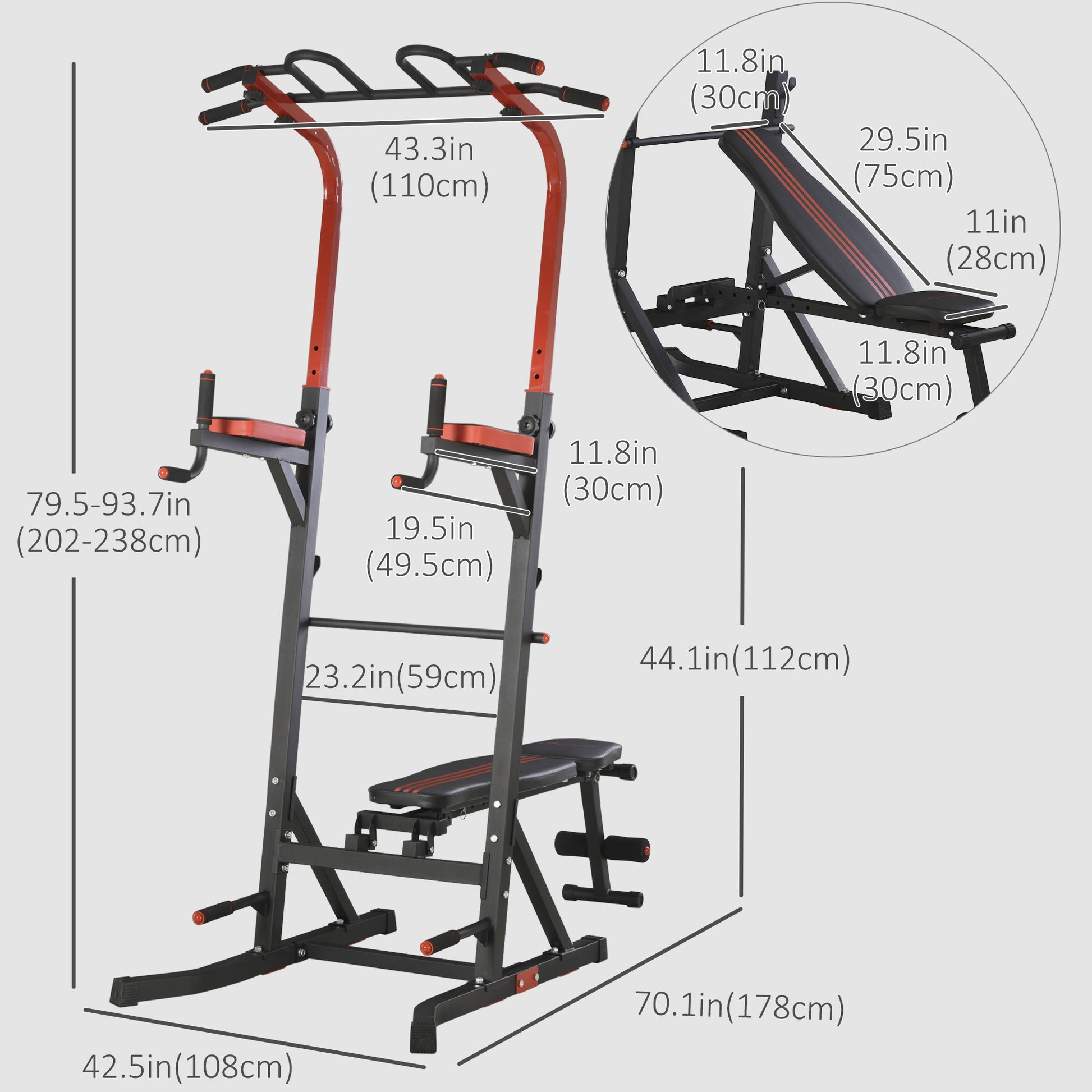 Soozier Power Tower Pull Up Bar Station with Sit Up Bench - Black/Red-DECOROLALA