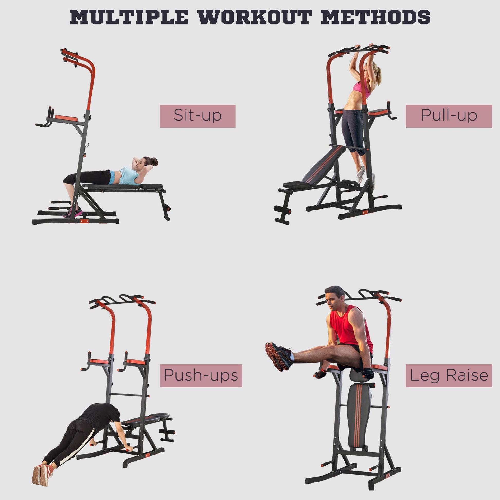 Soozier Power Tower Pull Up Bar Station with Sit Up Bench - Black/Red-DECOROLALA