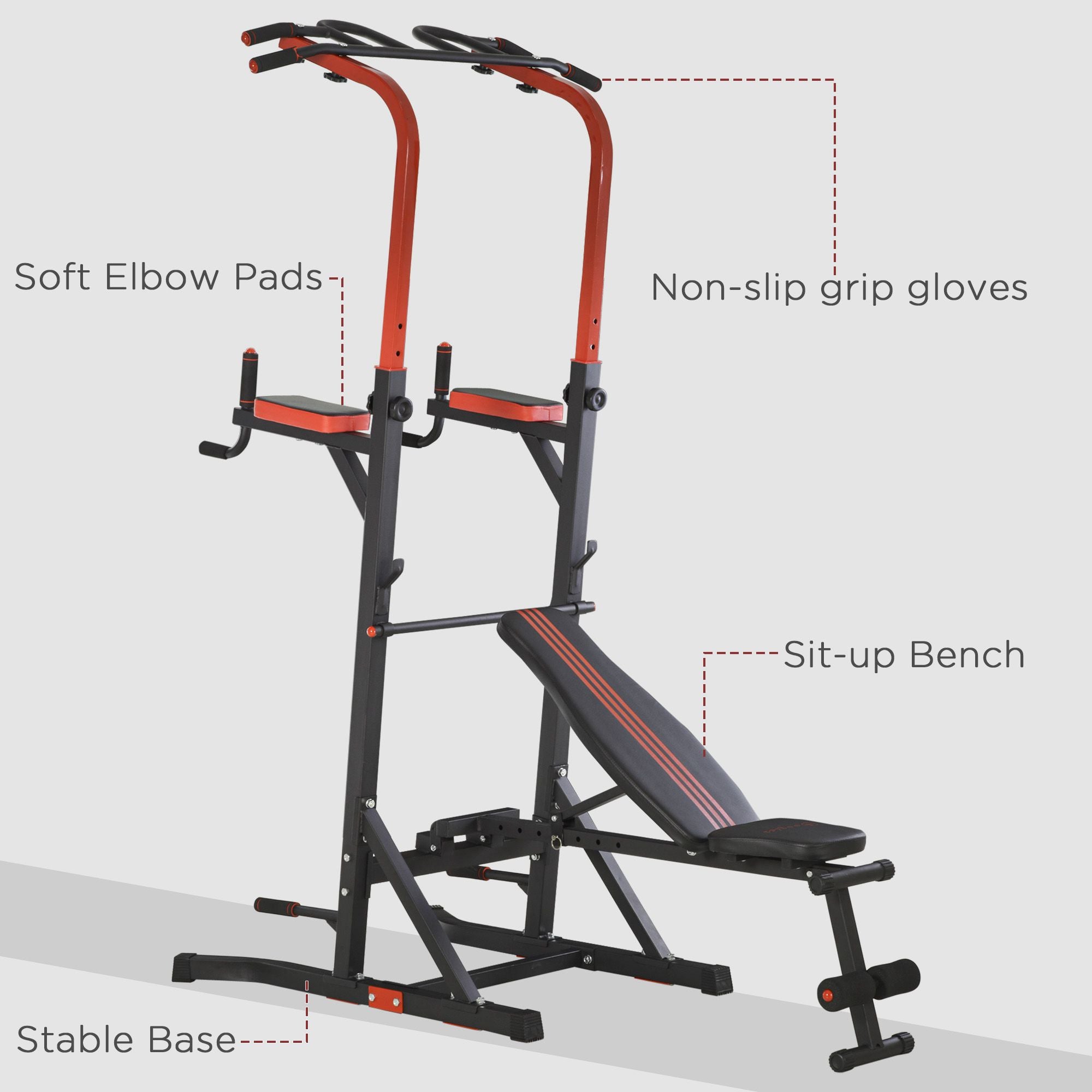Soozier Power Tower Pull Up Bar Station with Sit Up Bench - Black/Red-DECOROLALA