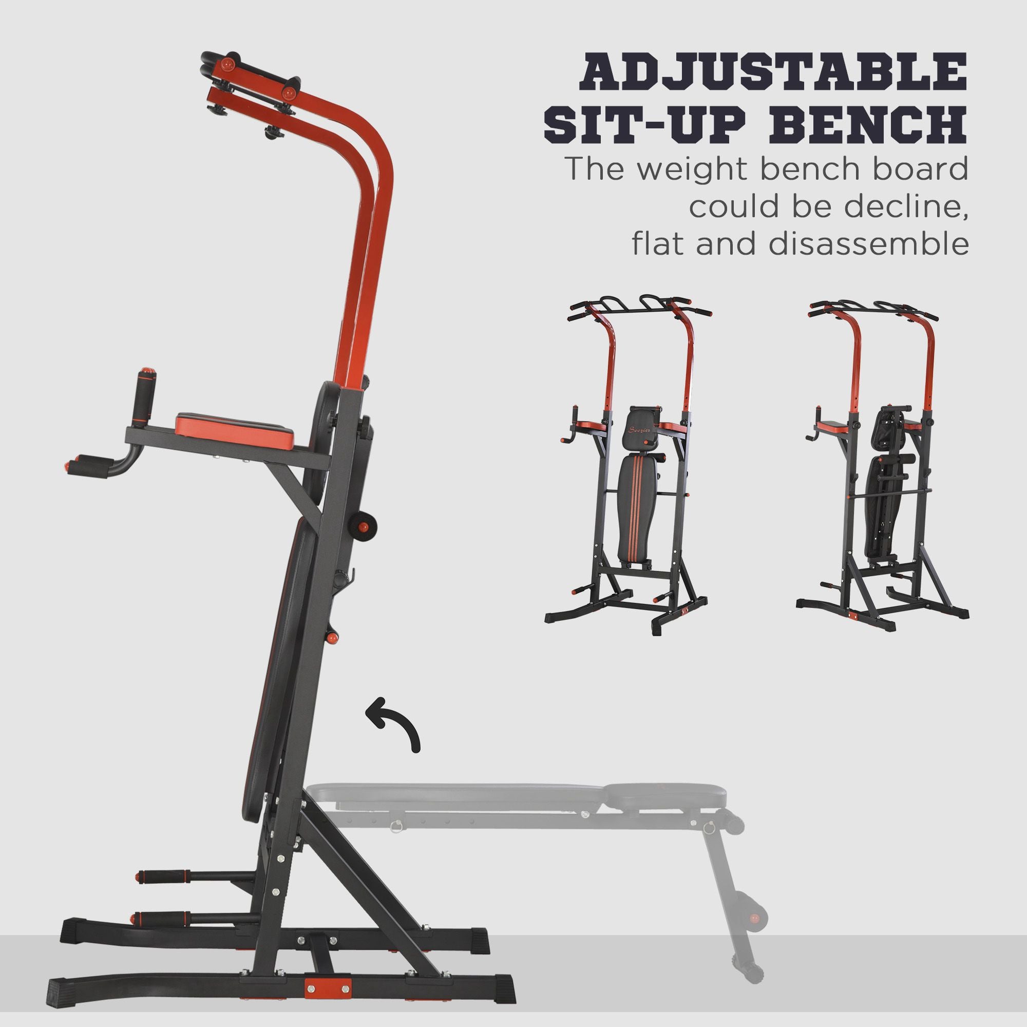 Soozier Power Tower Pull Up Bar Station with Sit Up Bench - Black/Red-DECOROLALA