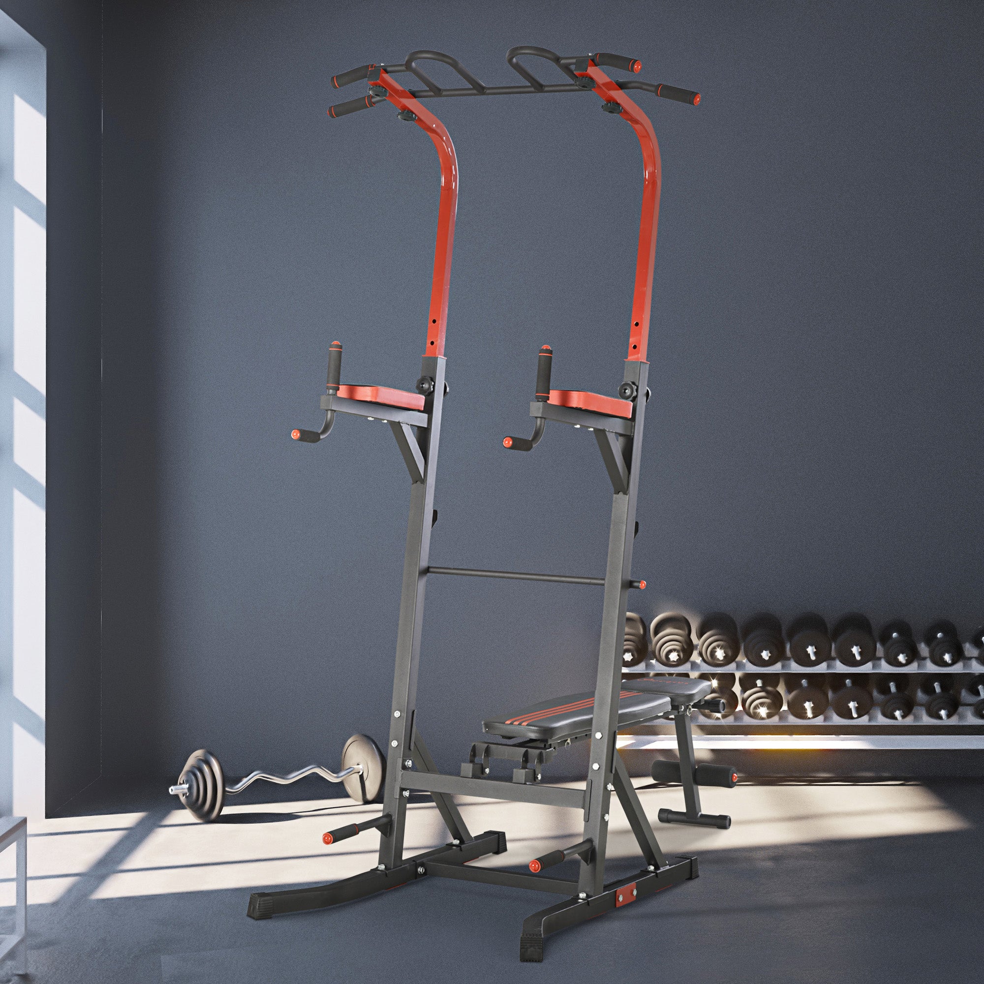 Soozier Power Tower Pull Up Bar Station with Sit Up Bench - Black/Red-DECOROLALA