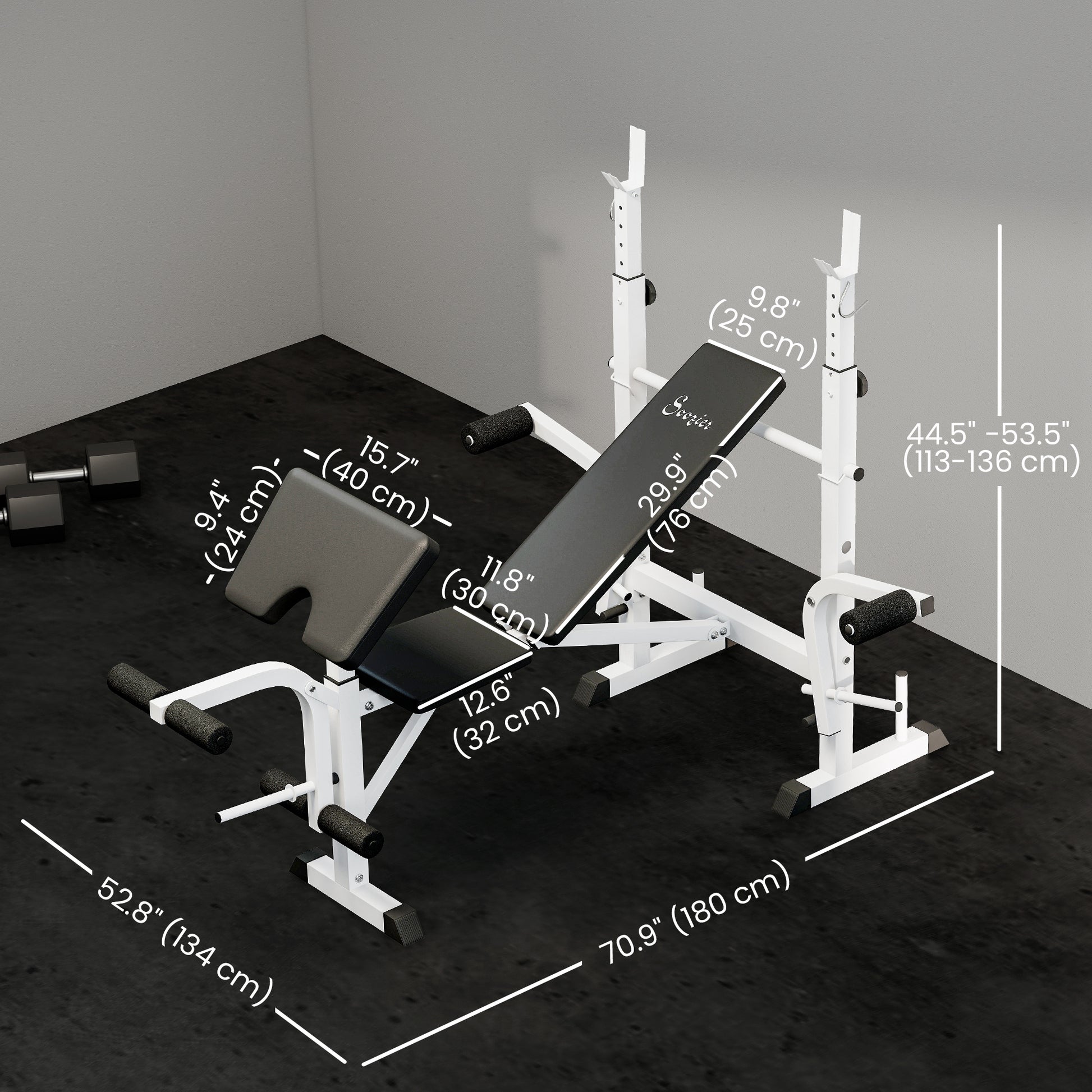 Soozier Weight Bench with Squat Rack and Preacher Curl - White-DECOROLALA