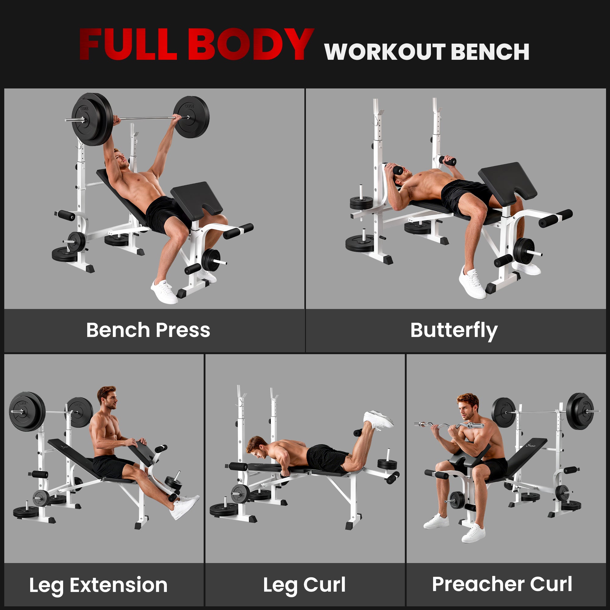 Soozier Weight Bench with Squat Rack and Preacher Curl - White-DECOROLALA