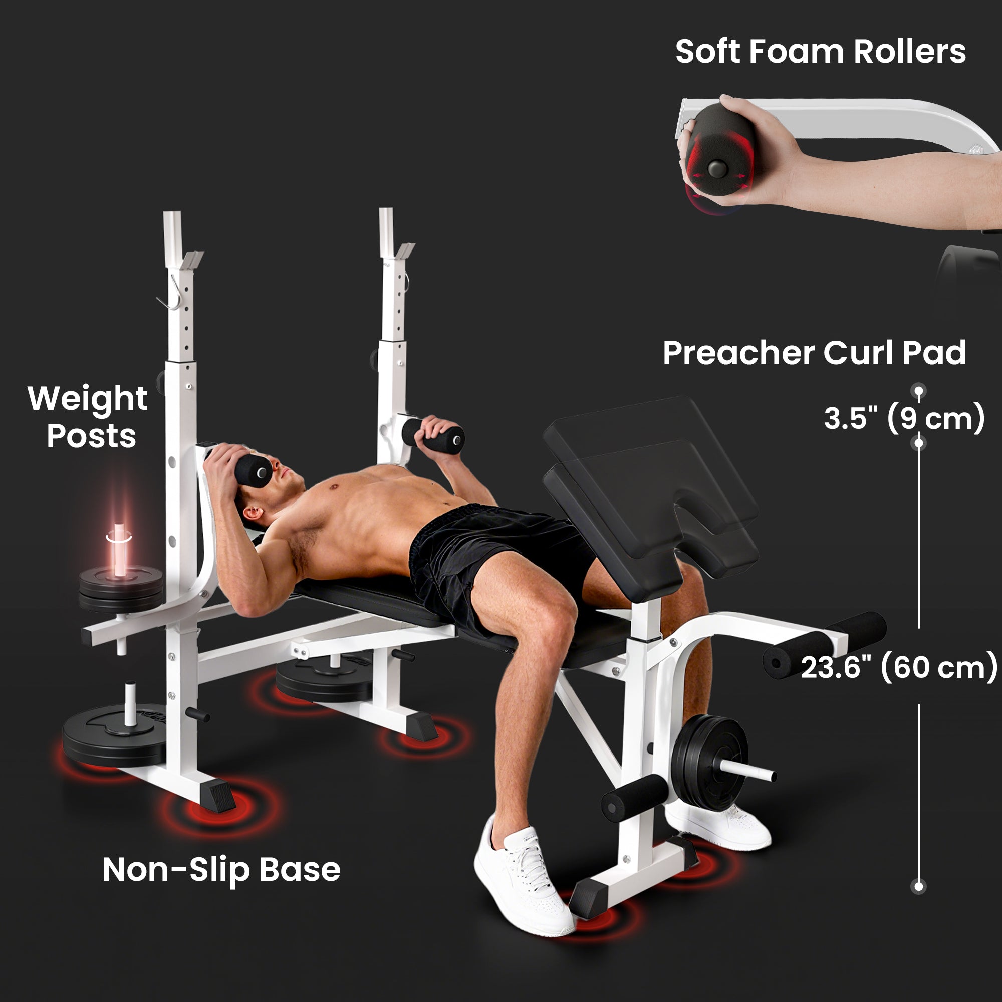 Soozier Weight Bench with Squat Rack and Preacher Curl - White-DECOROLALA