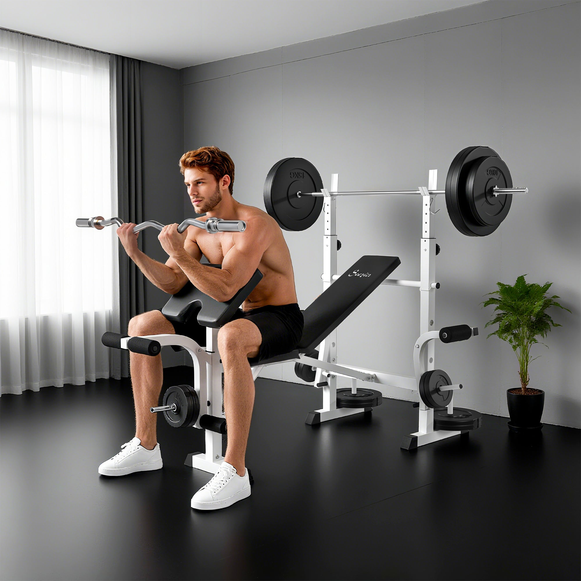 Soozier Weight Bench with Squat Rack and Preacher Curl - White-DECOROLALA
