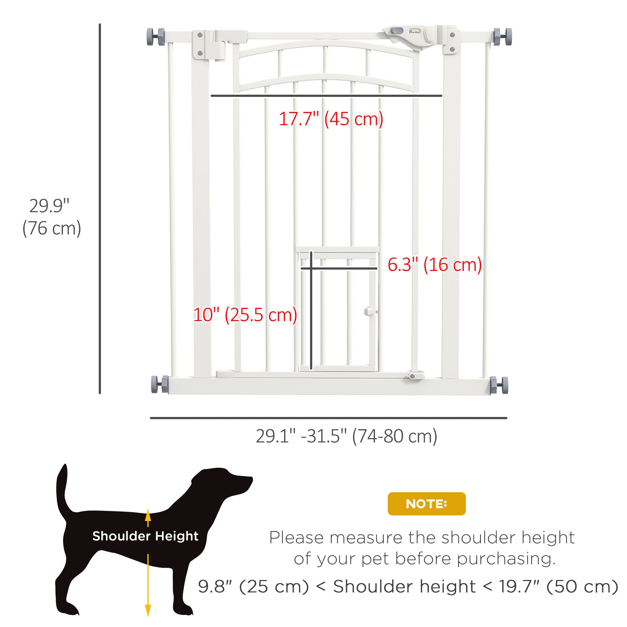 Auto-Close Pet Gate, Stair Gate with Cat Door, Double Locking for Doorways Hallways Stairs, Fits 29"-31.5" Wide, White