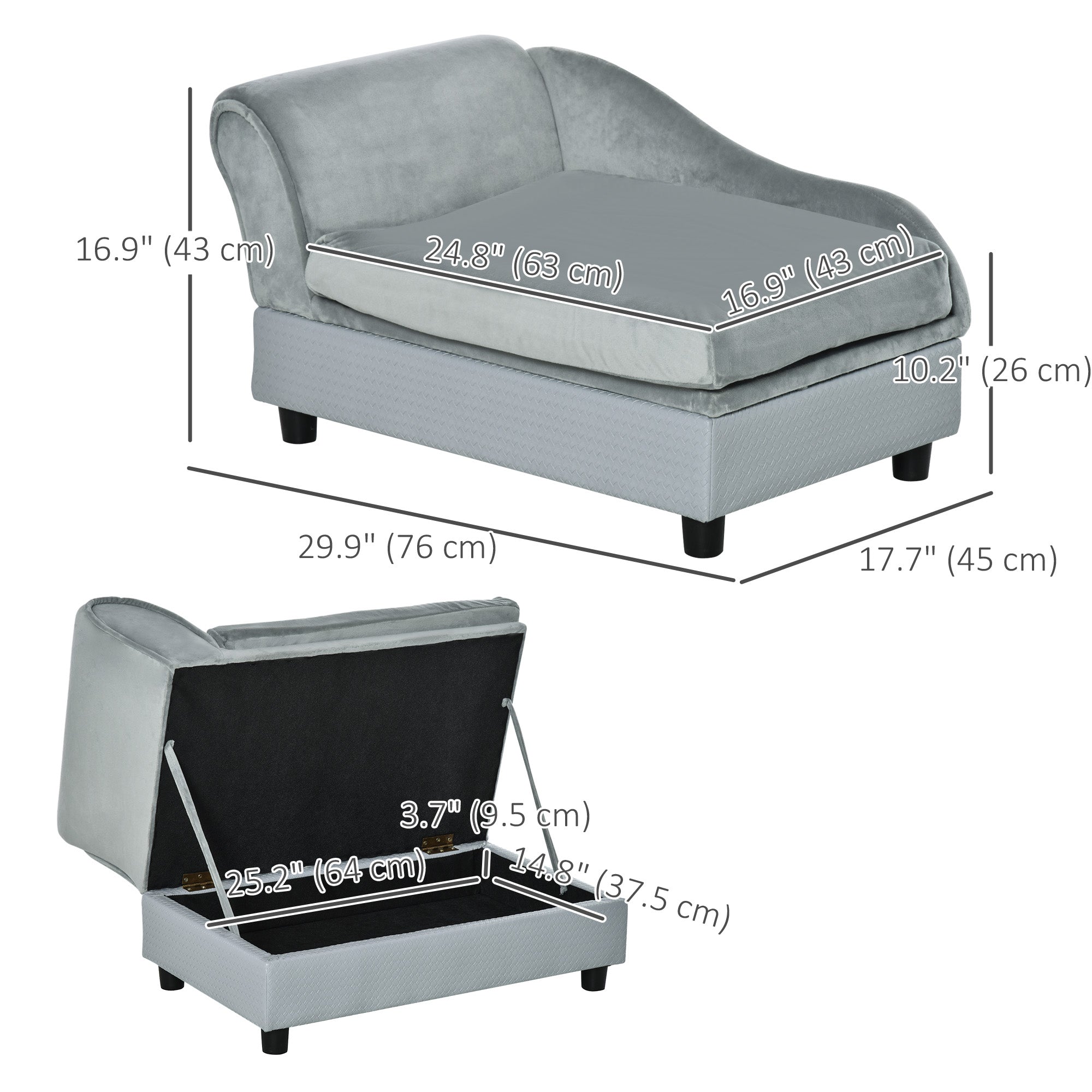 Canapé pour animaux, sofa pour chien, chaise longue et couchage pour animaux avec espace de rangement, petit format, pour chiens de différentes tailles et chats, coussin en éponge, gris clair