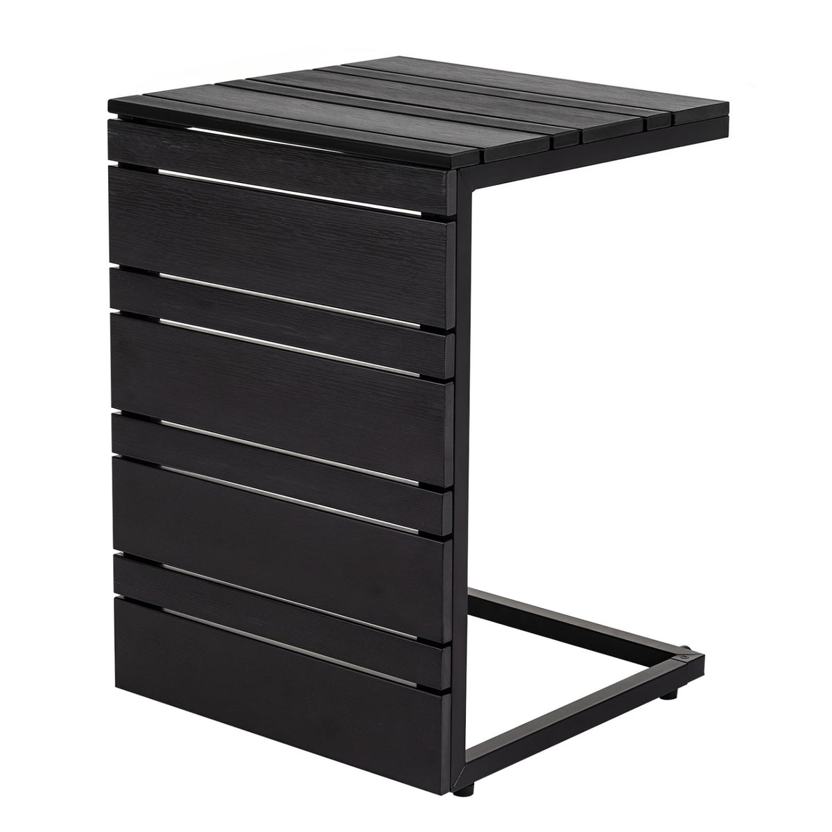 Space-Saving C-Shaped Side Table with Wood-Plastic Top for Indoor Outdoor-Black-End & Side Tables-DECOROLALA