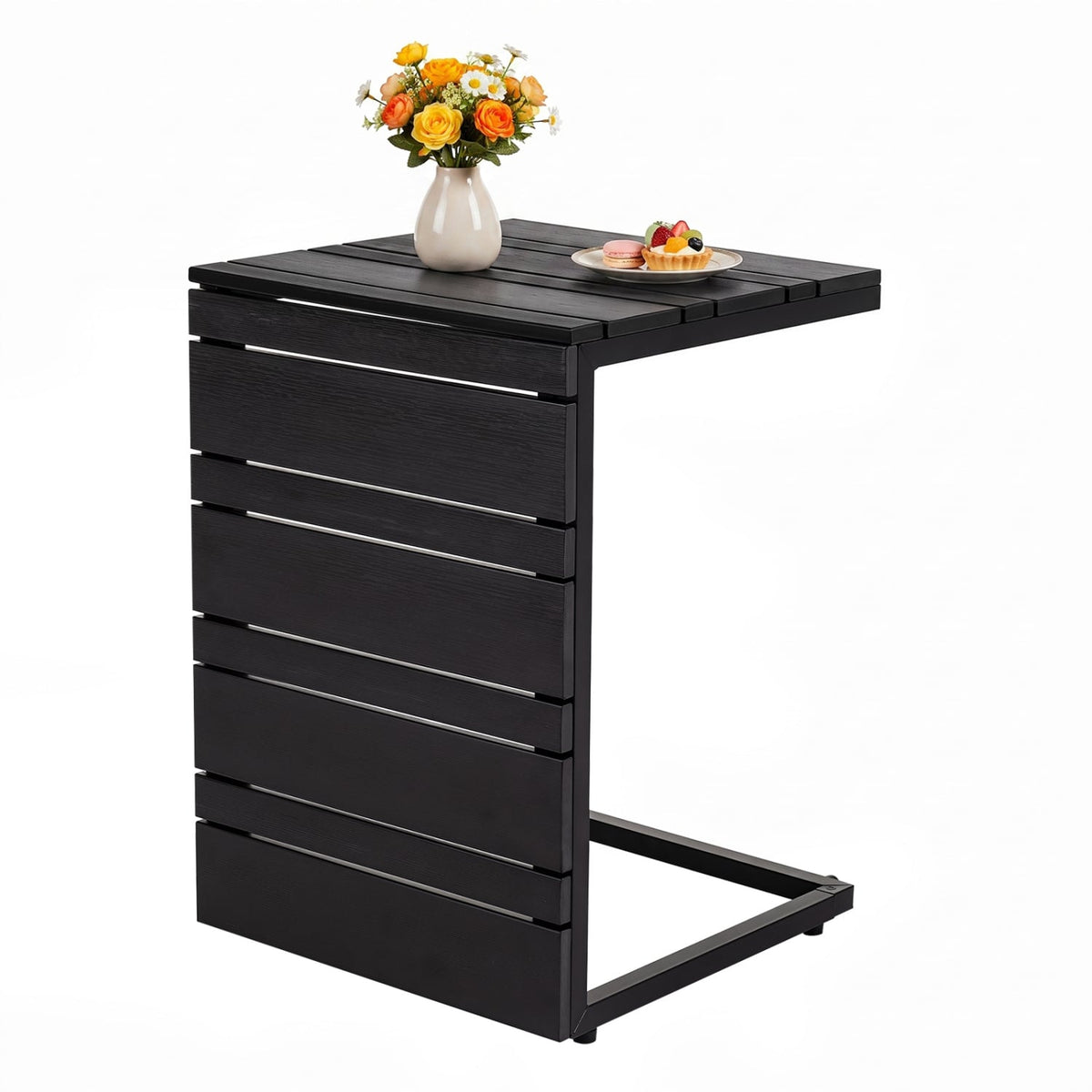 Space-Saving C-Shaped Side Table with Wood-Plastic Top for Indoor Outdoor-Black-End & Side Tables-DECOROLALA