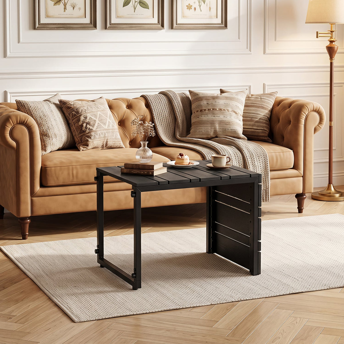 Space-Saving C-Shaped Side Table with Wood-Plastic Top for Indoor Outdoor-Black-End & Side Tables-DECOROLALA