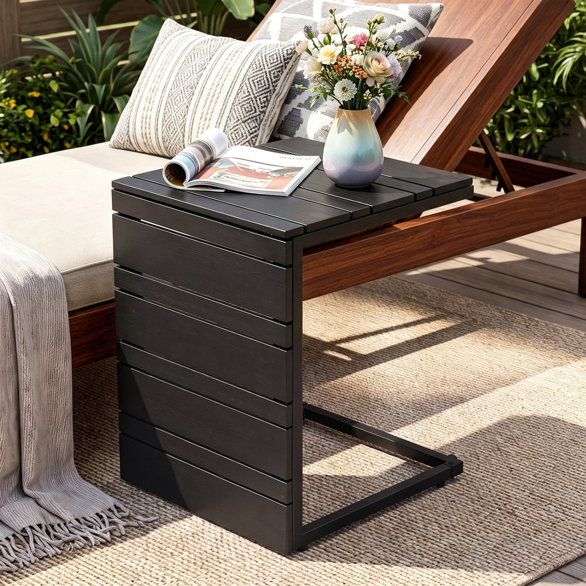 Space-Saving C-Shaped Side Table with Wood-Plastic Top for Indoor Outdoor-Black-End & Side Tables-DECOROLALA