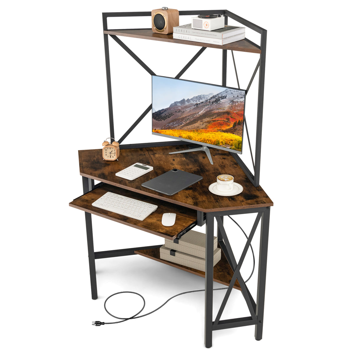 Space-Saving Corner Computer Desk with with Hutch and Keyboard Tray-Rustic Brown-Corner Desks-DECOROLALA