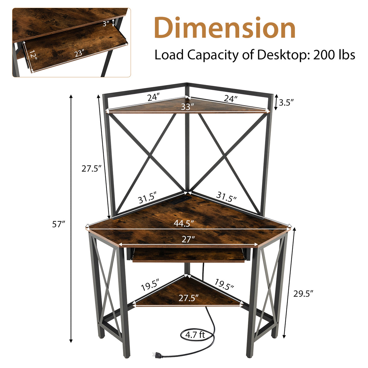 Space-Saving Corner Computer Desk with with Hutch and Keyboard Tray-Rustic Brown-Corner Desks-DECOROLALA